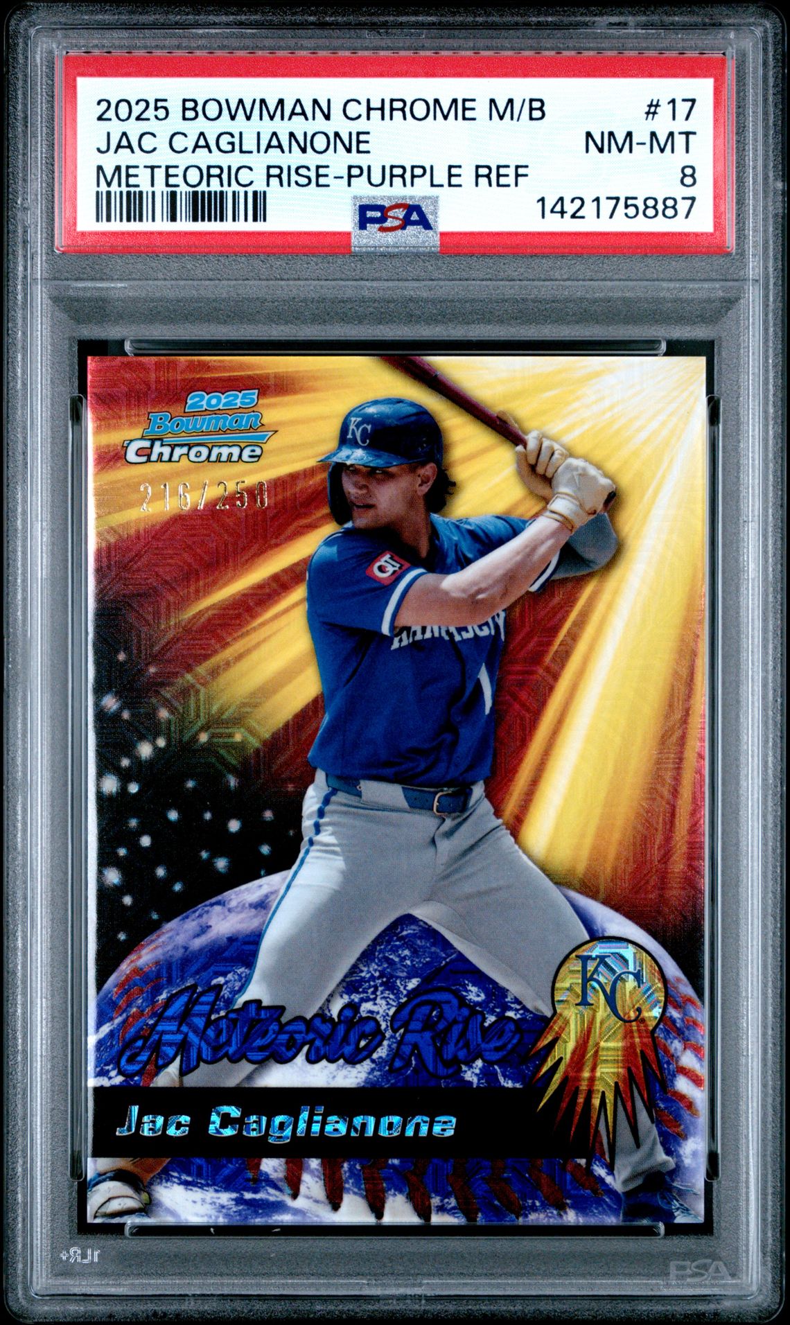 2025 Bowman Chrome Mega Box Meteoric Rise Jac Caglianone #17 (Meteoric Rise-Purple Ref) Nm-Mt 8 front