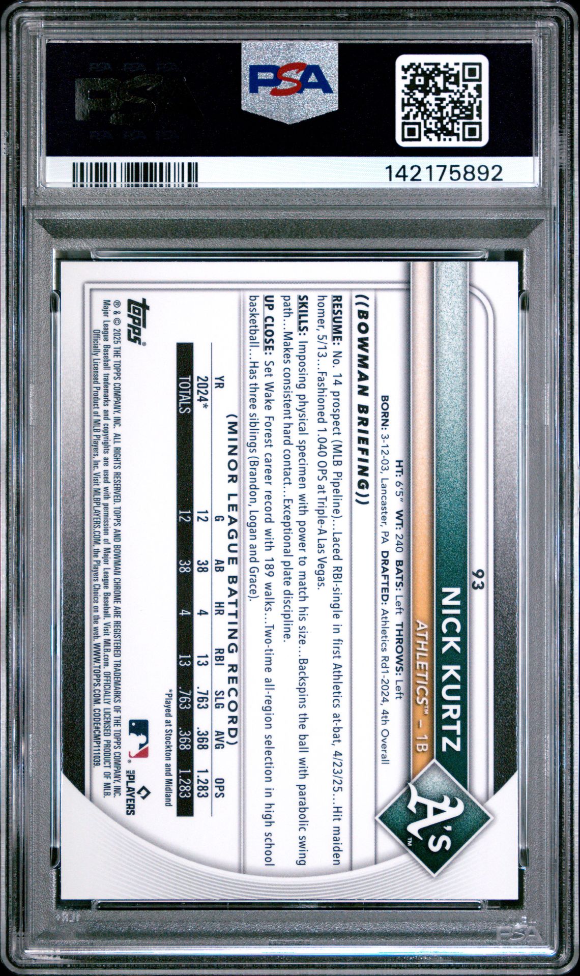 2025 Bowman Chrome Mega Box Nick Kurtz #93 Gem Mt 10 back