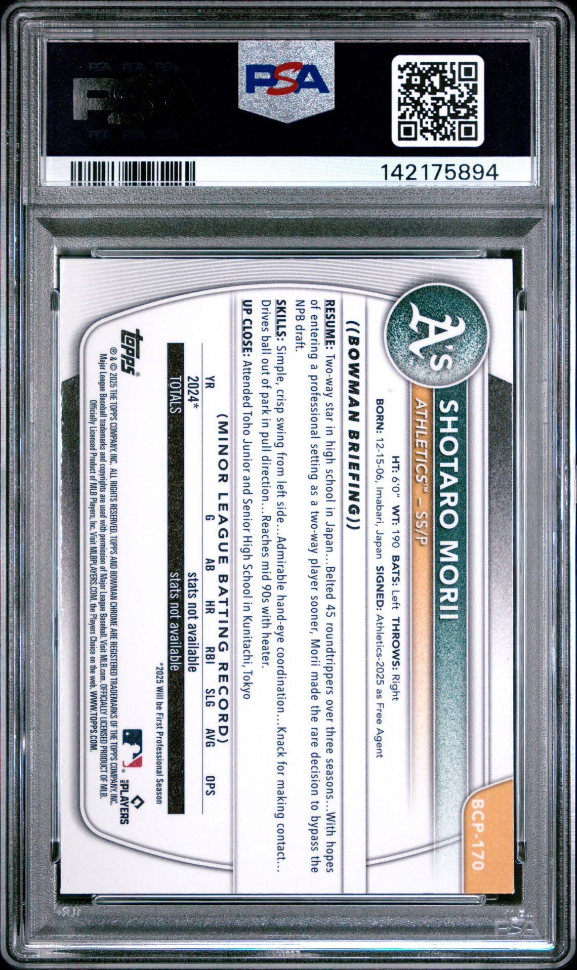 2025 Bowman Chrome Mega Box Chrome Prospects Shotaro Morii #170 Mint 9 back