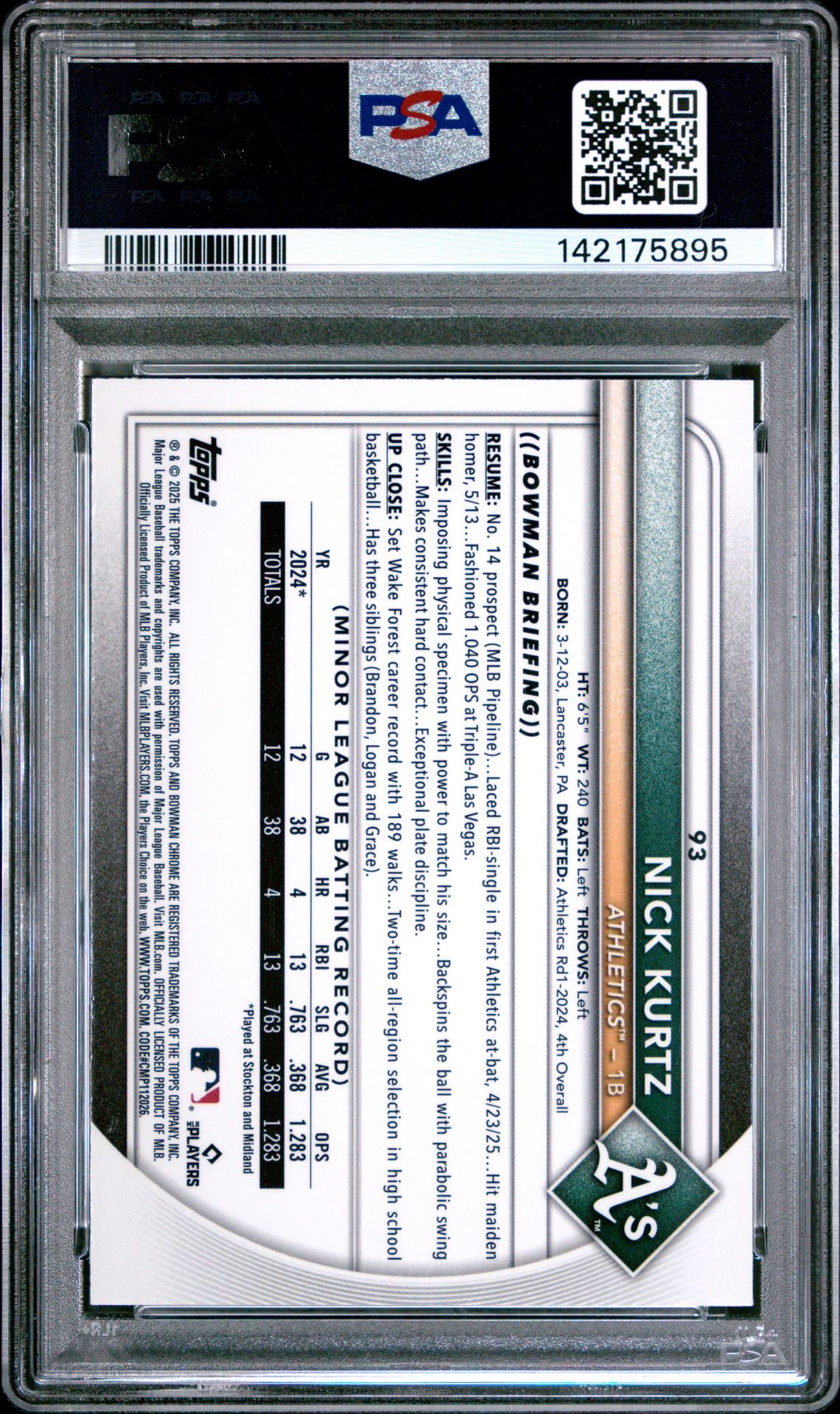 2025 Bowman Chrome Nick Kurtz #93 (Pulsar Refractor) Mint 9 back