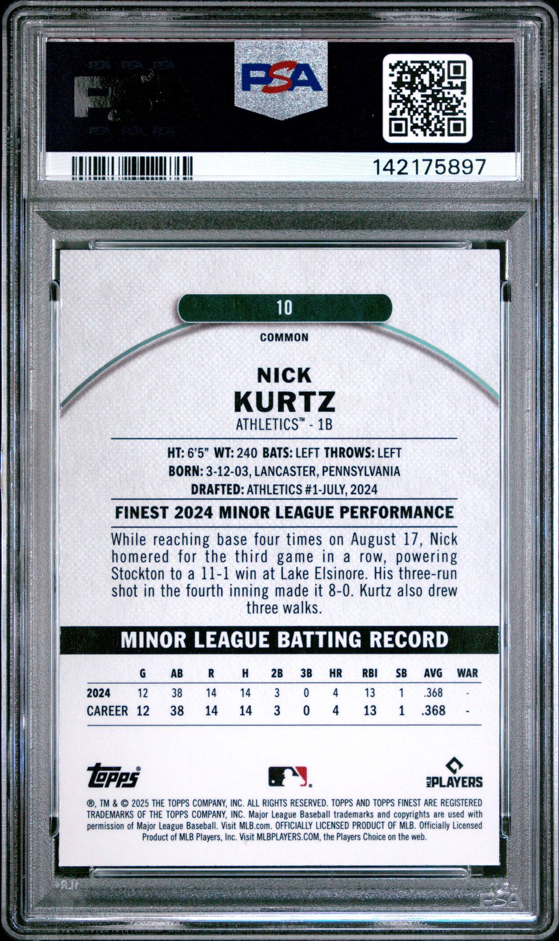 2025 Topps Finest Nick Kurtz #10 (Sky Blue Refractor) Gem Mt 10 back