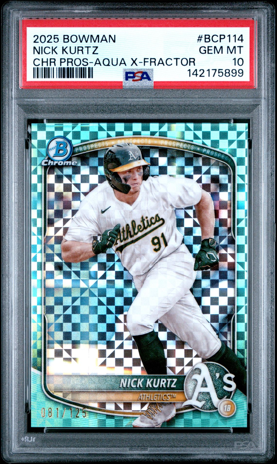 2025 Bowman Chrome Prospects Nick Kurtz #Bcp114 (Chr Pros-Aqua X-Fractor) Gem Mt 10 front