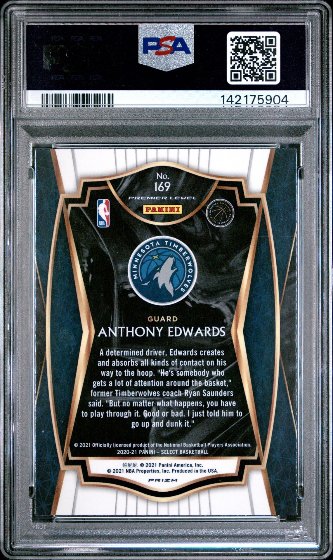 2020 Panini Select Anthony Edwards #169 (Red/White/Orange Shimmer) Mint 9 back