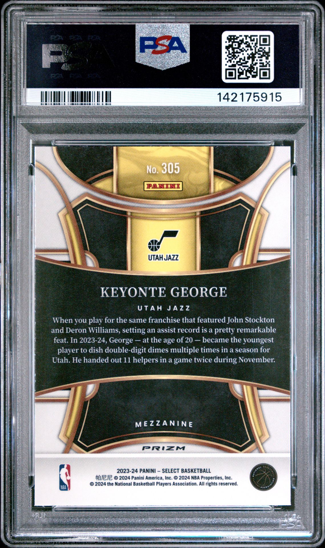 2023 Panini Select Keyonte George #305 (Tectonic) Gem Mt 10 back