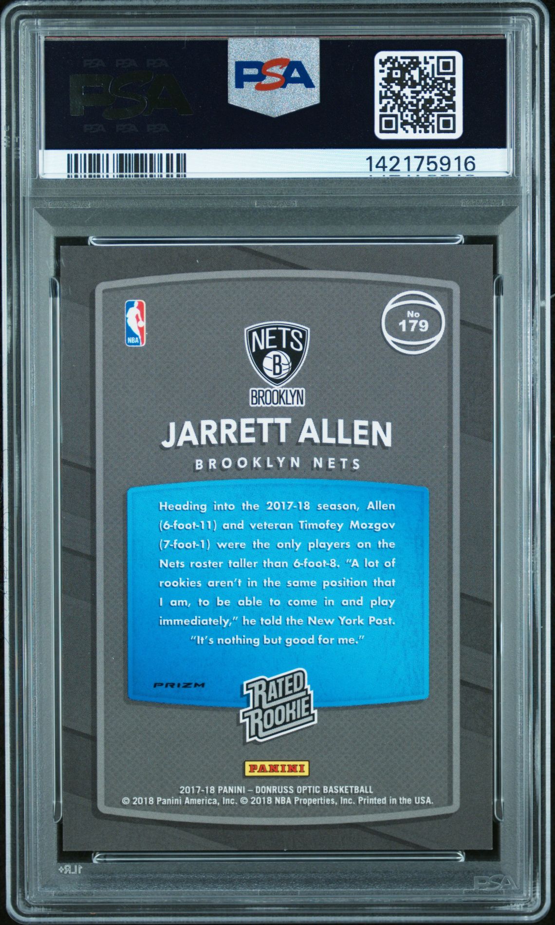 2017 Panini Donruss Optic Jarrett Allen #179 (White Sparkle) Gem Mt 10 back