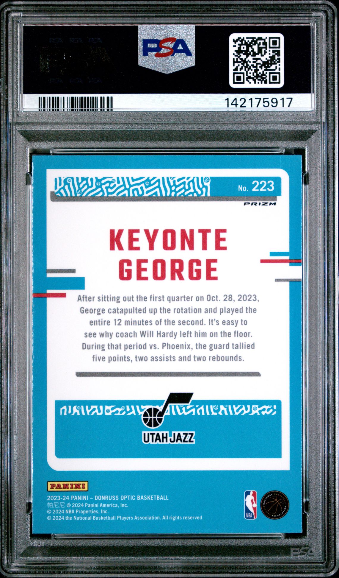 2023 Panini Donruss Optic Keyonte George #223 (Blue Velocity) Mint 9 back