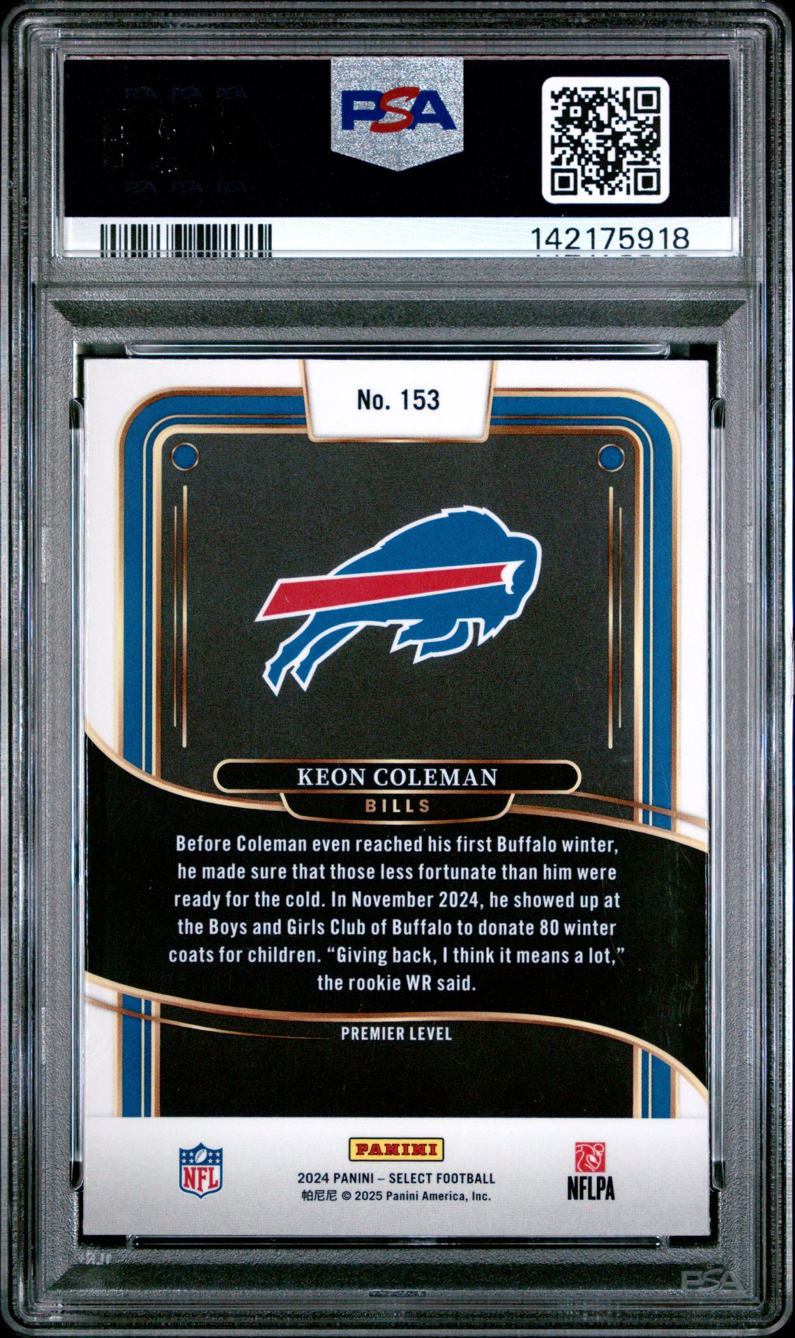 2024 Panini Select Keon Coleman #153 Gem Mt 10 back