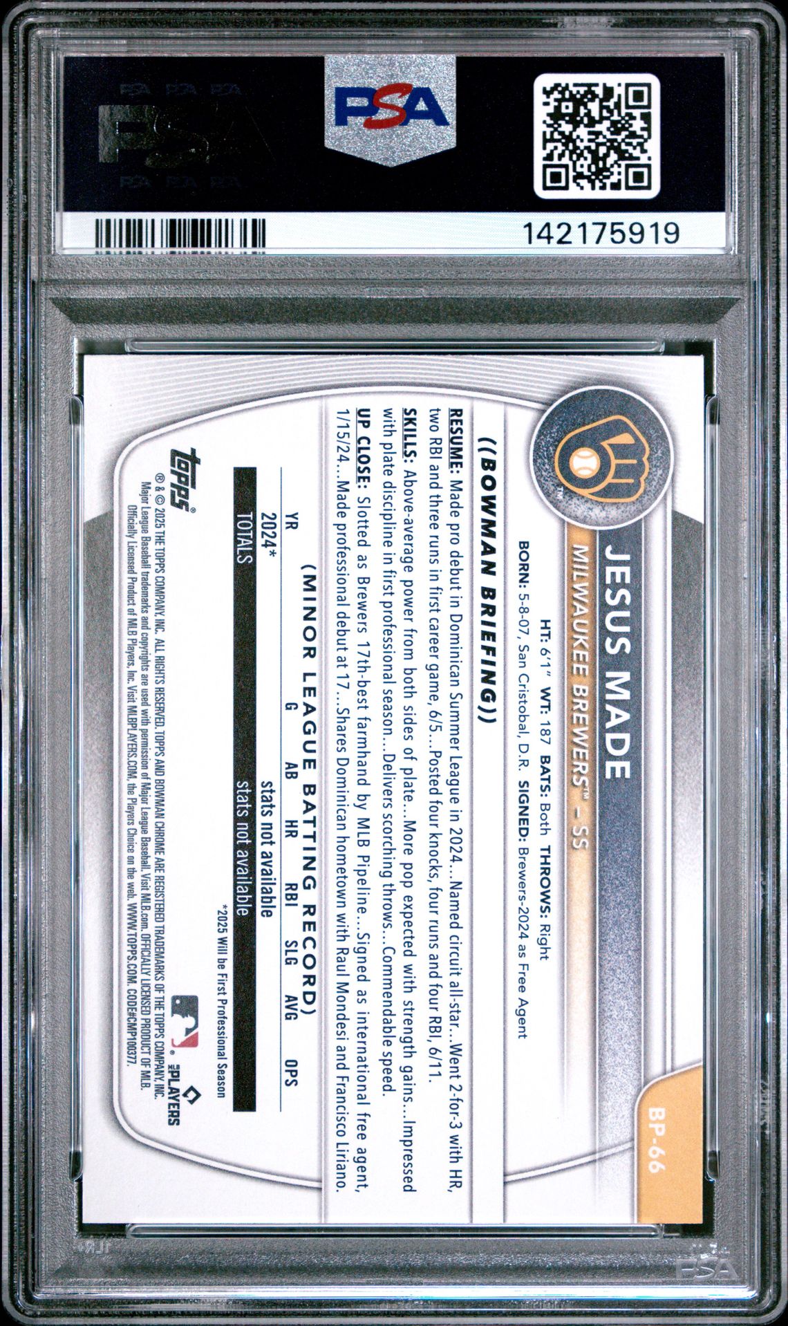 2025 Bowman Paper Prospects Jesus Made #Bp66 Gem Mt 10 back