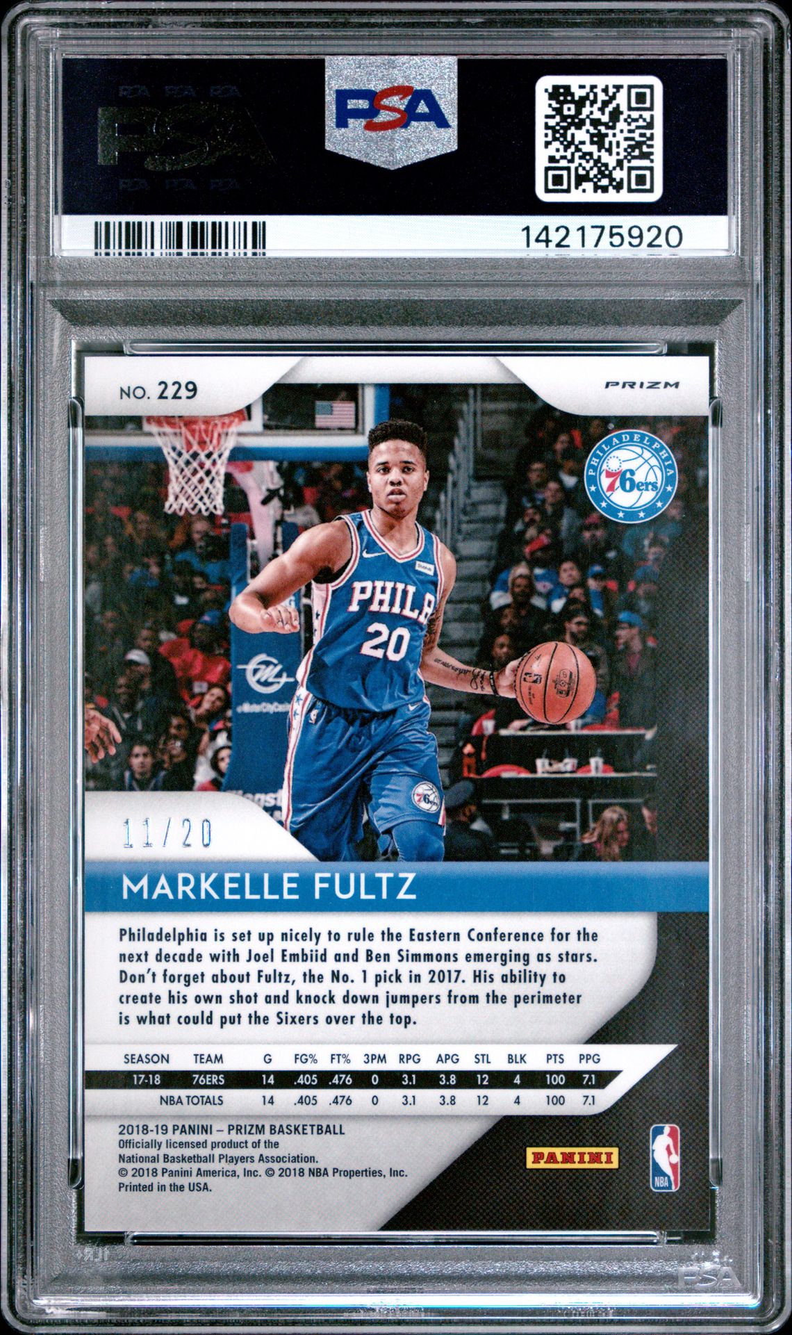 2018 Panini Prizm Markelle Fultz #229 (Fast Break Prizm-Bronze) Gem Mt 10 back