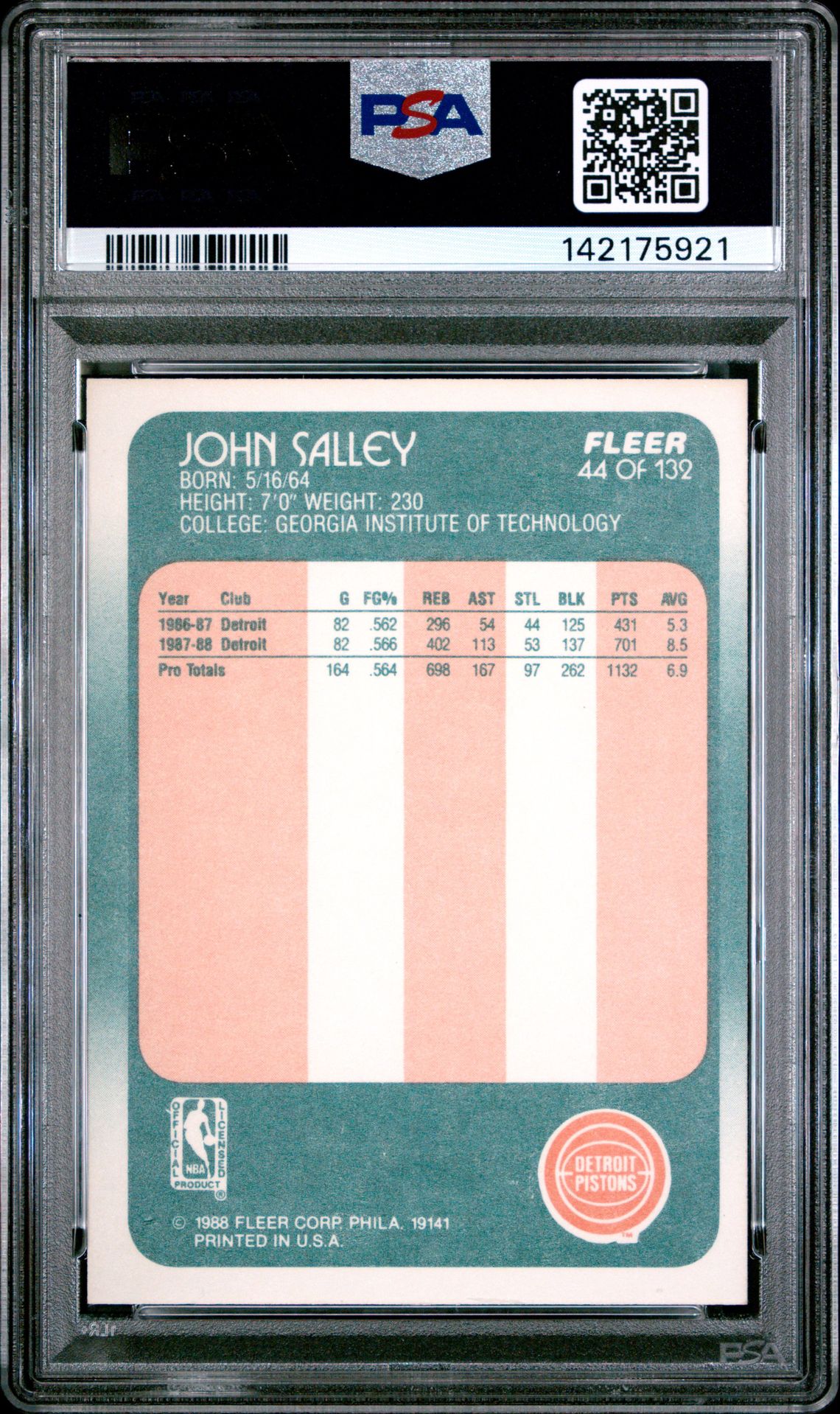 1988 Fleer John Salley #44 Mint 9 back