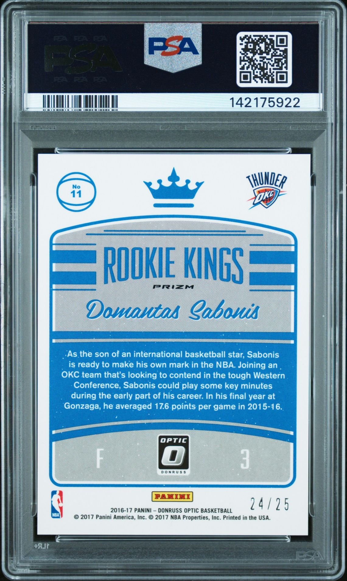 2016 Panini Donruss Optic Rookie Kings Domantas Sabonis #11 (Rookie Kings-Aqua) Mint 9 back