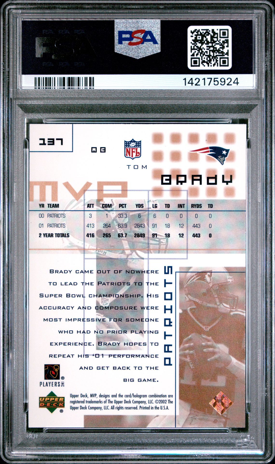 2002 Upper Deck Mvp Tom Brady #137 Mint 9 back