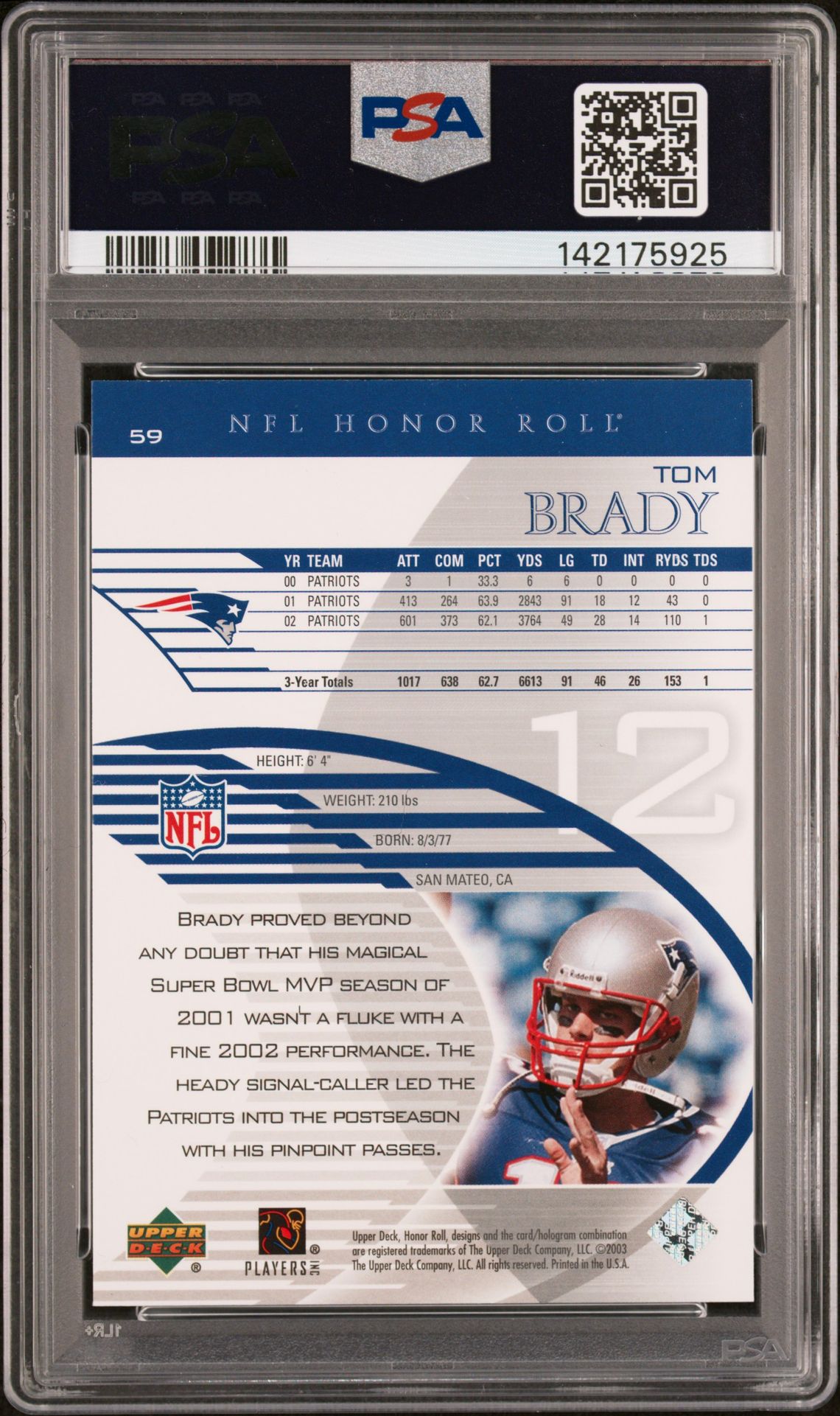 2003 Upper Deck Honor Roll Tom Brady #59 Nm-Mt 8 back