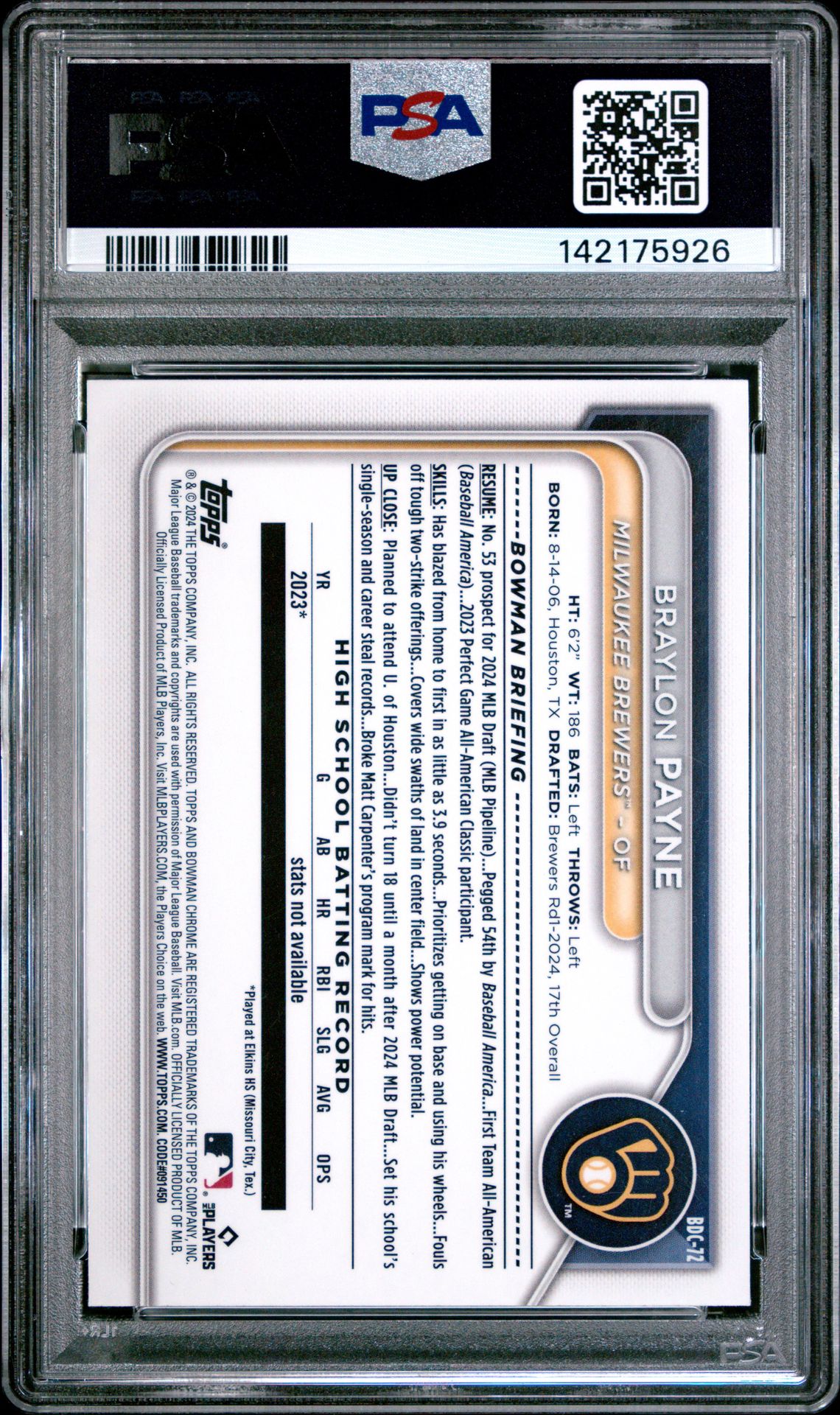 2024 Bowman Draft Braylon Payne #Bdc72 (Chrome) Gem Mt 10 back