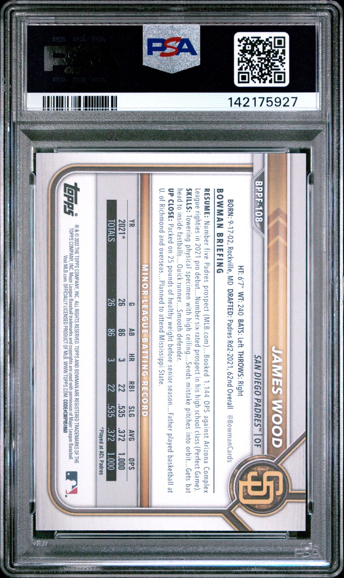 2022 Bowman 1St Edition James Wood #Bppf108 Gem Mt 10 back