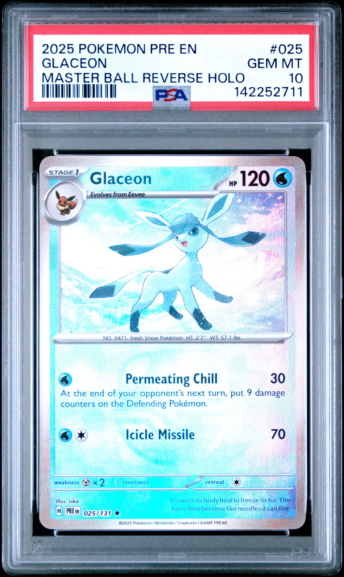 2025 Pokemon Pre En-Prismatic Evolutions Glaceon #025 (Master Ball Reverse Holo) Gem Mt 10 front