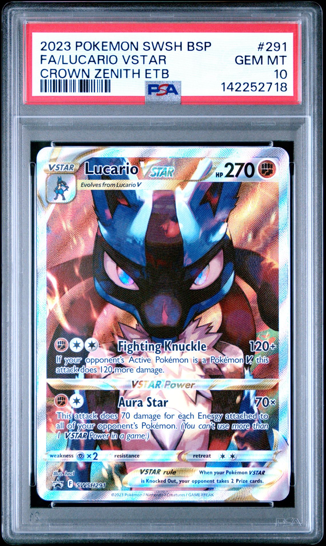 2023 Pokemon Swsh Black Star Promo Fa/Lucario Vstar #291 (Crown Zenith Etb) Gem Mt 10 front view - PSA graded GEM MT 10