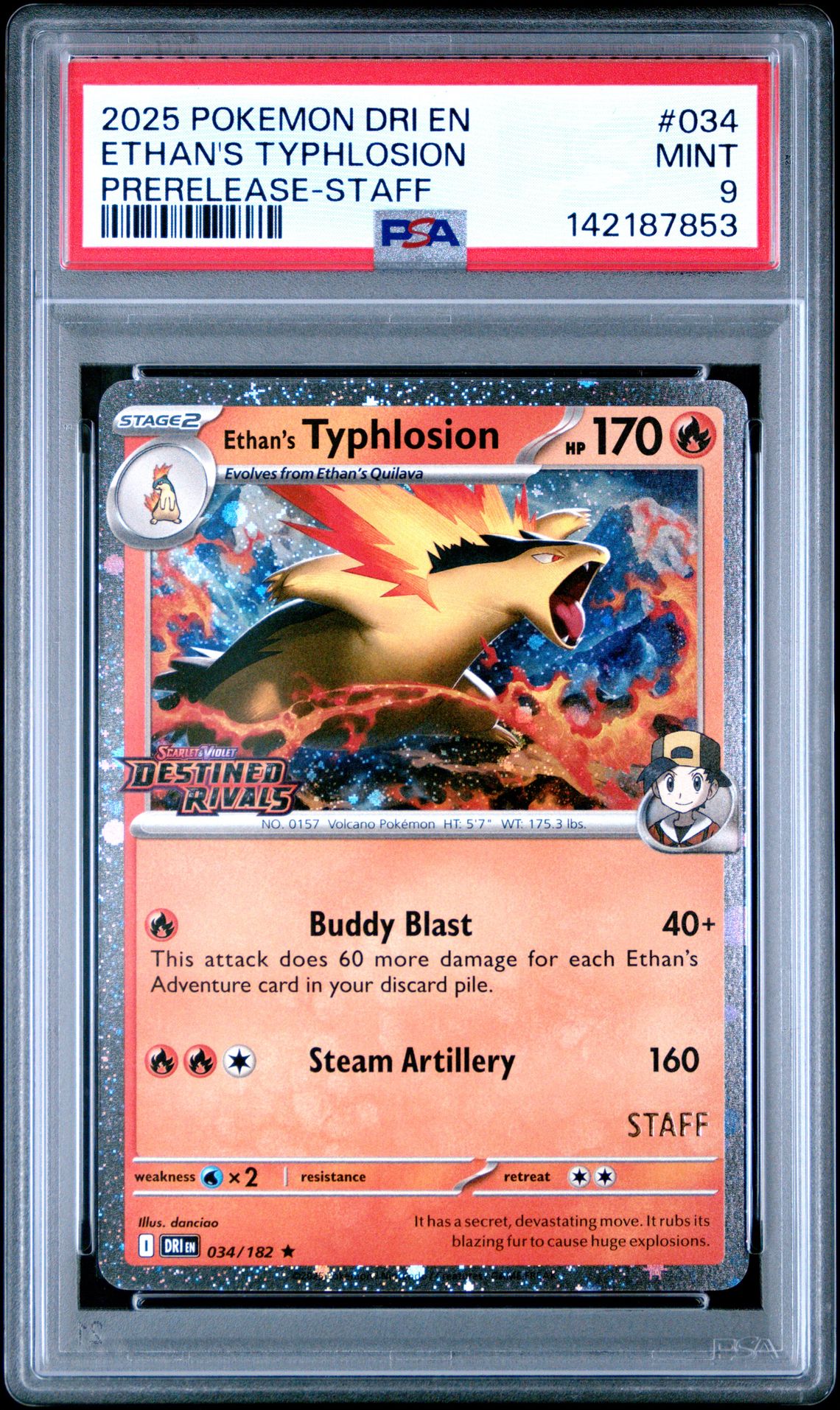2025 Pokemon Dri En-Destined Rivals Ethan's Typhlosion #034 (Prerelease-Staff) Mint 9 front