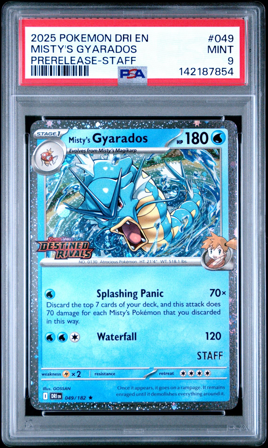 2025 Pokemon Dri En-Destined Rivals Misty's Gyarados #049 (Prerelease-Staff) Mint 9 front