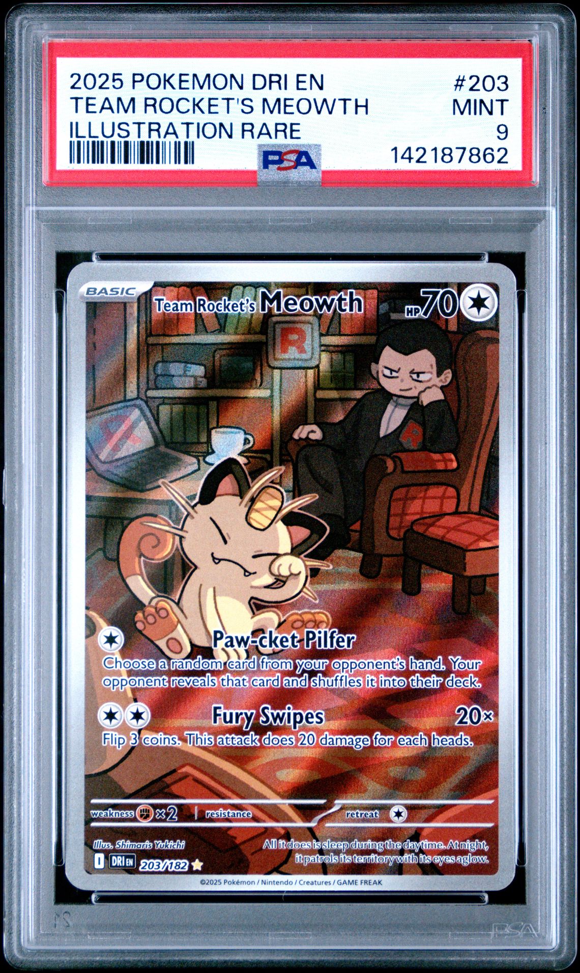 2025 Pokemon Dri En-Destined Rivals Team Rocket's Meowth #203 (Illustration Rare) Mint 9 front