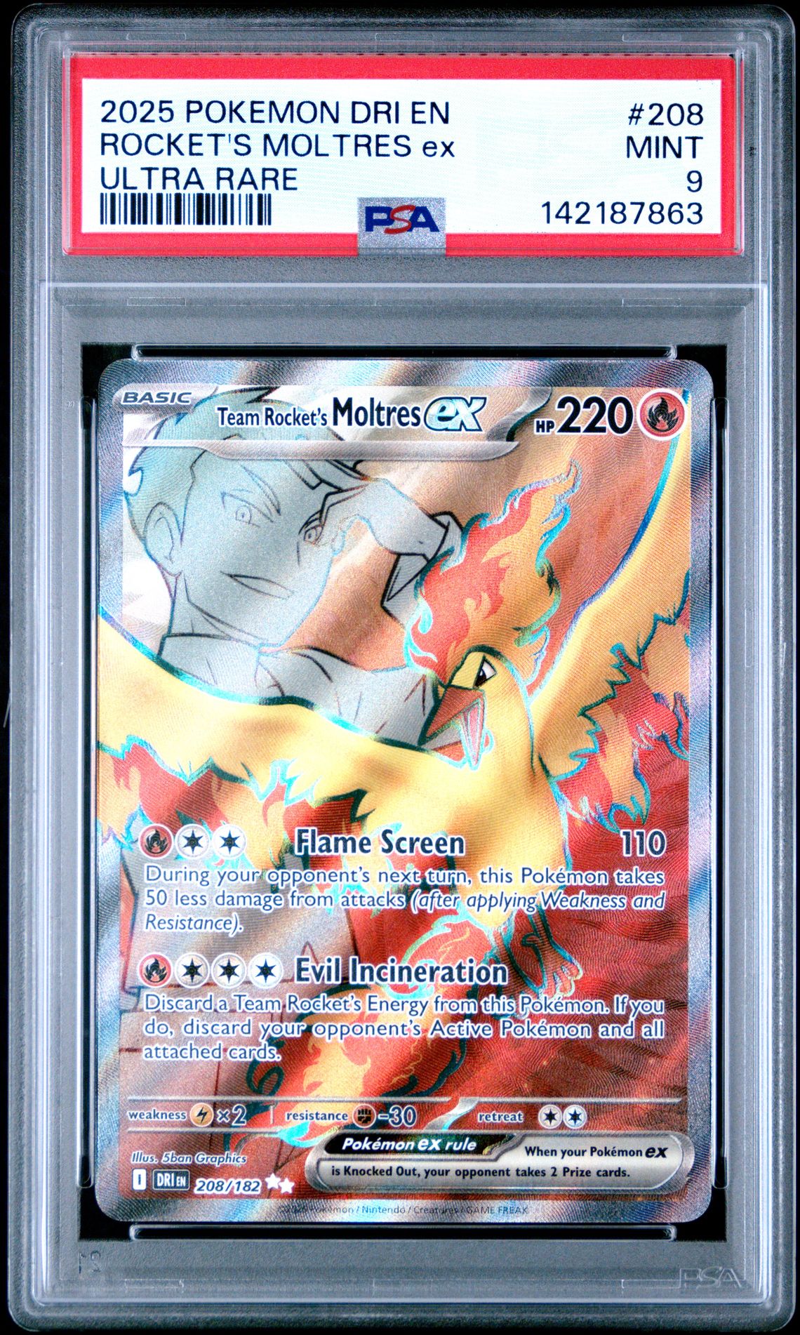 2025 Pokemon Dri En-Destined Rivals Rocket's Moltres Ex #208 (Ultra Rare) Mint 9 front