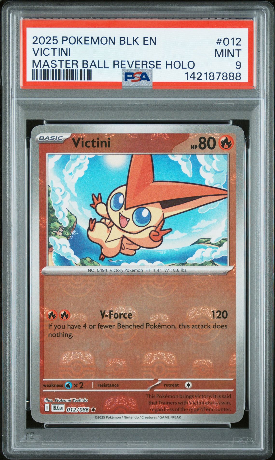 2025 Pokemon Blk En-Black Bolt Victini #012 (Master Ball Reverse Holo) Mint 9 front