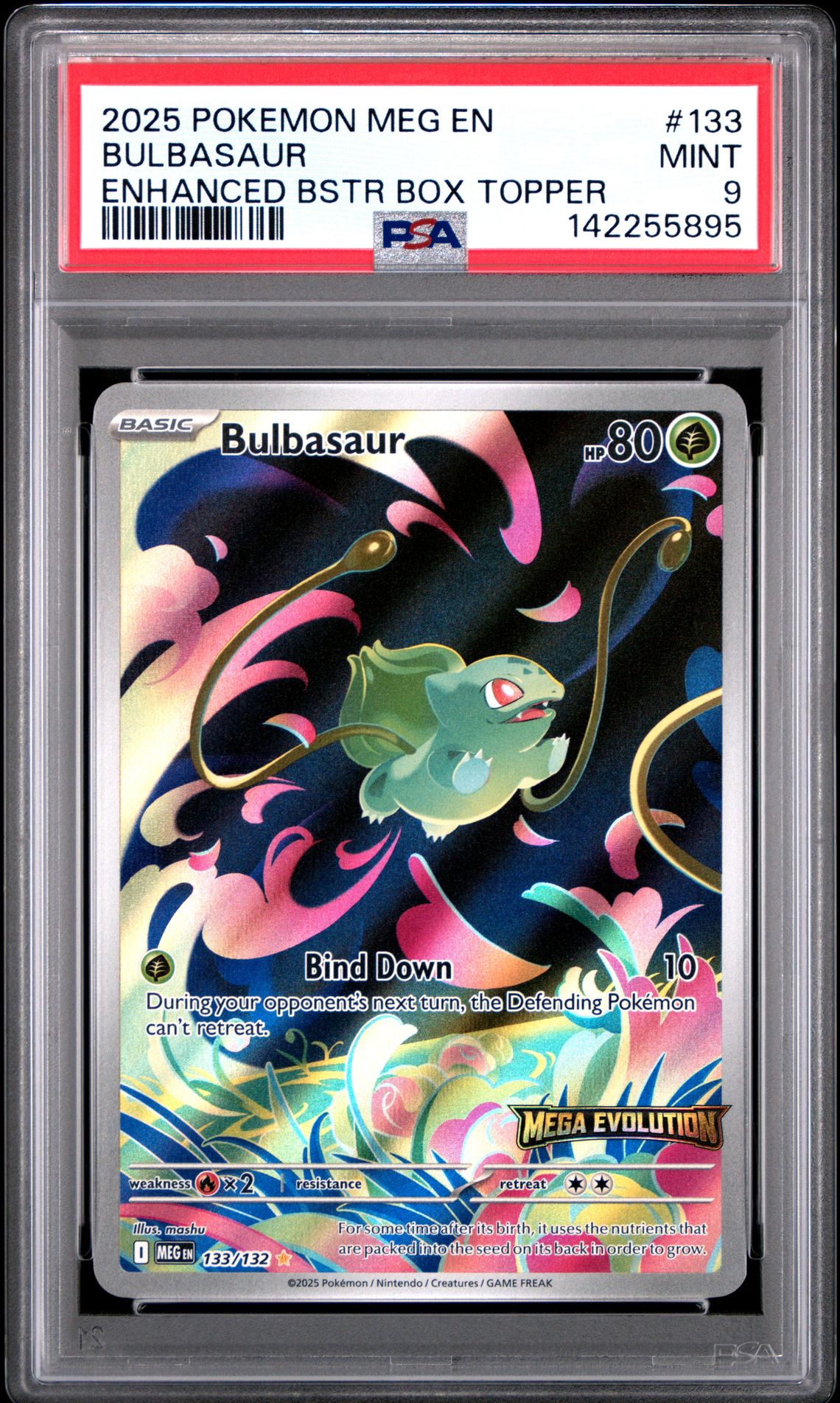 2025 Pokemon Meg En-Mega Evolution Bulbasaur #133 (Enhanced Bstr Box Topper) Mint 9 front