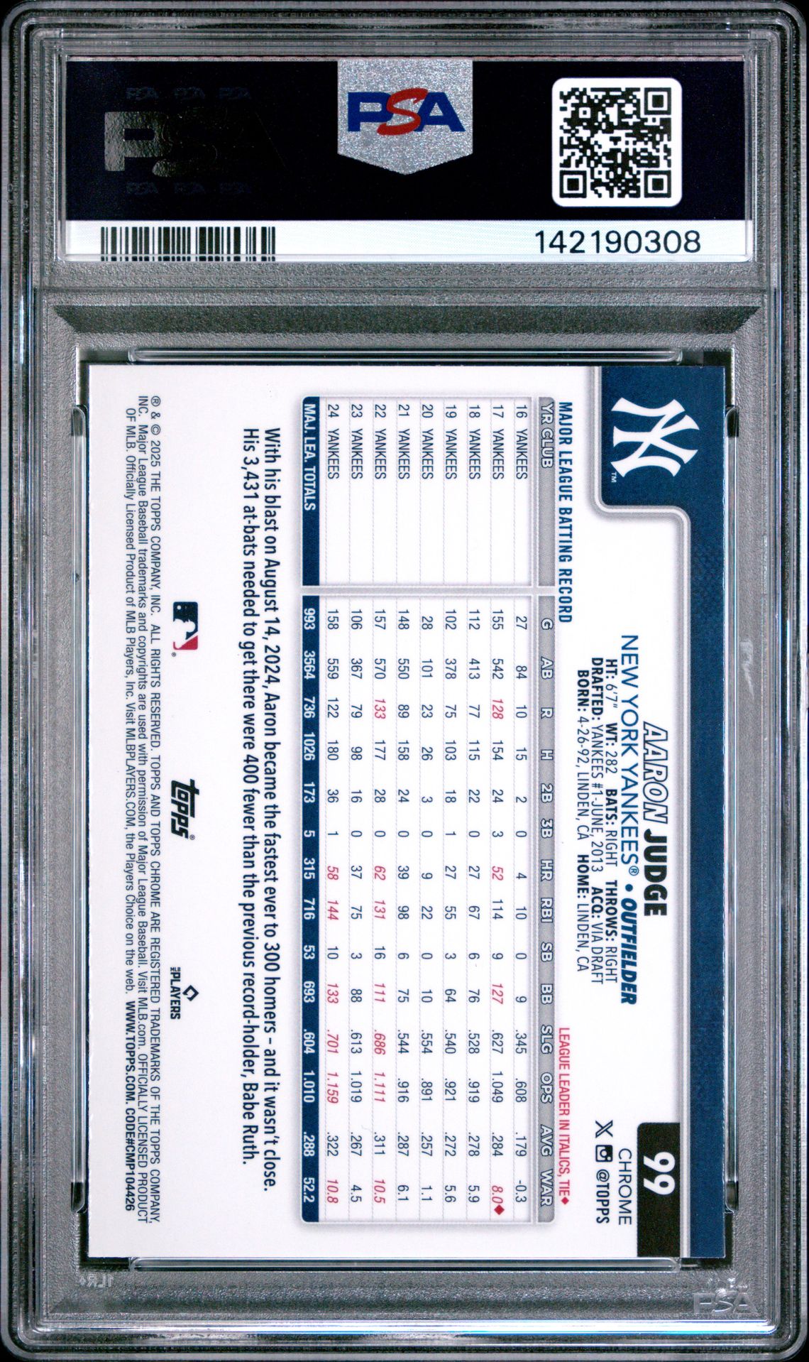 2025 Topps Chrome Aaron Judge #99 (Prism Refractor) Gem Mt 10 back view - PSA certificate #142190308