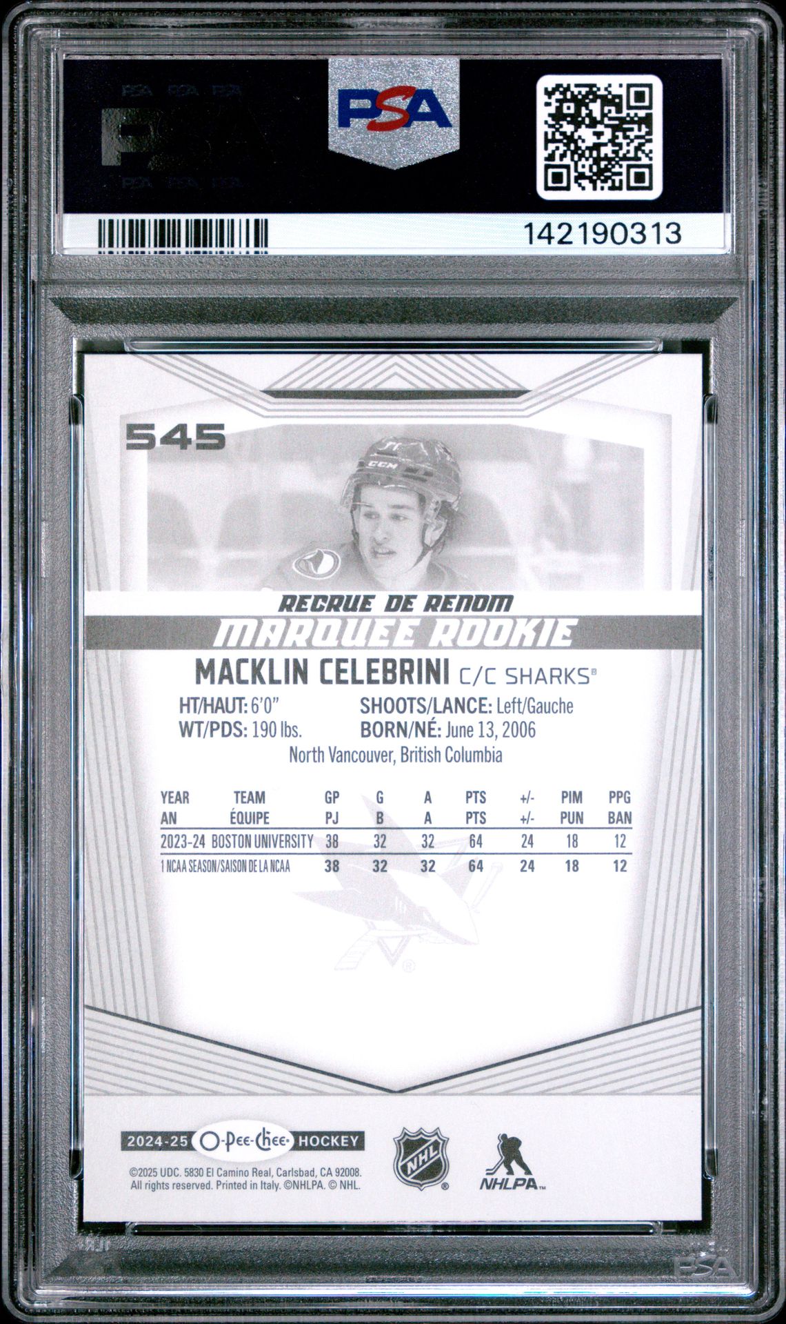 2024 Upper Deck O-Pee-Chee Macklin Celebrini #545 Gem Mt 10 back