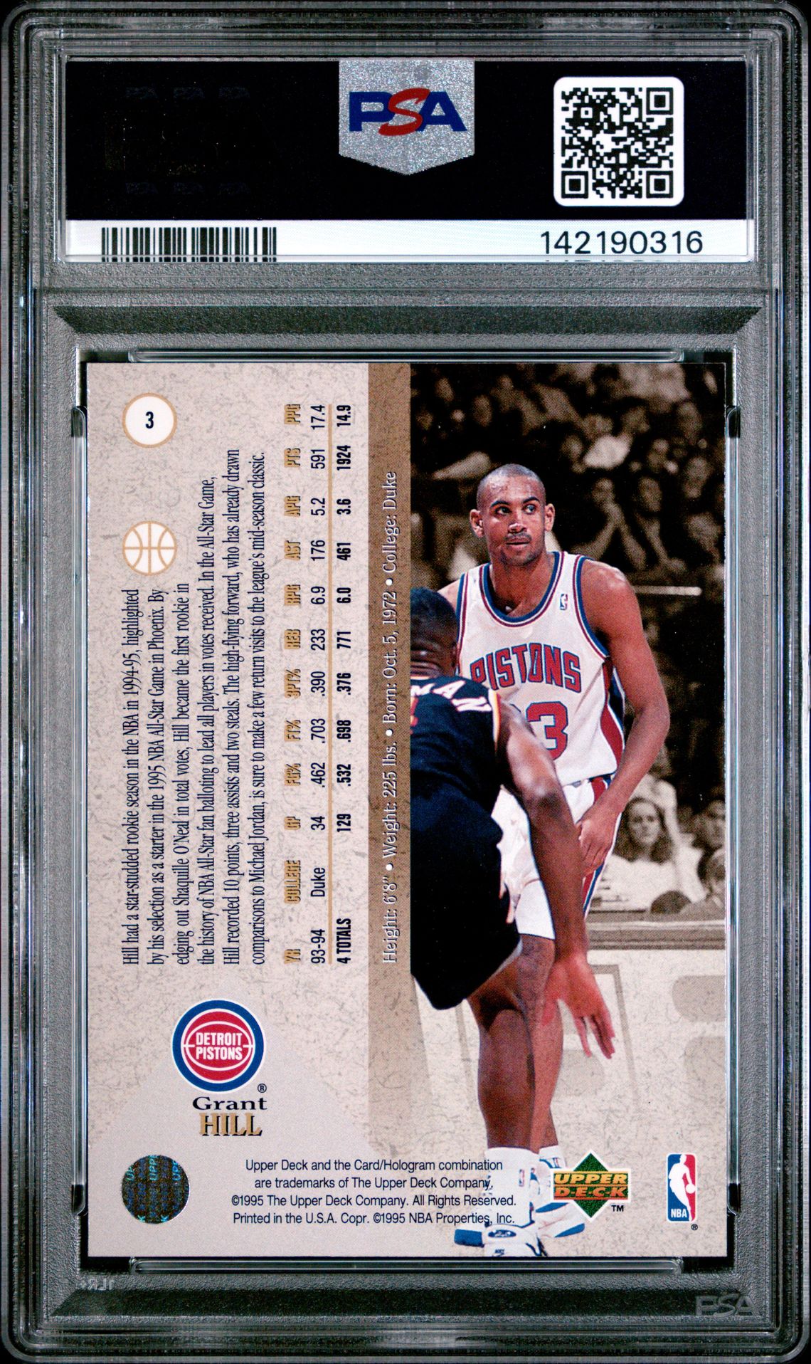 1994 Sp Grant Hill #3 (Foil) Mint 9 back