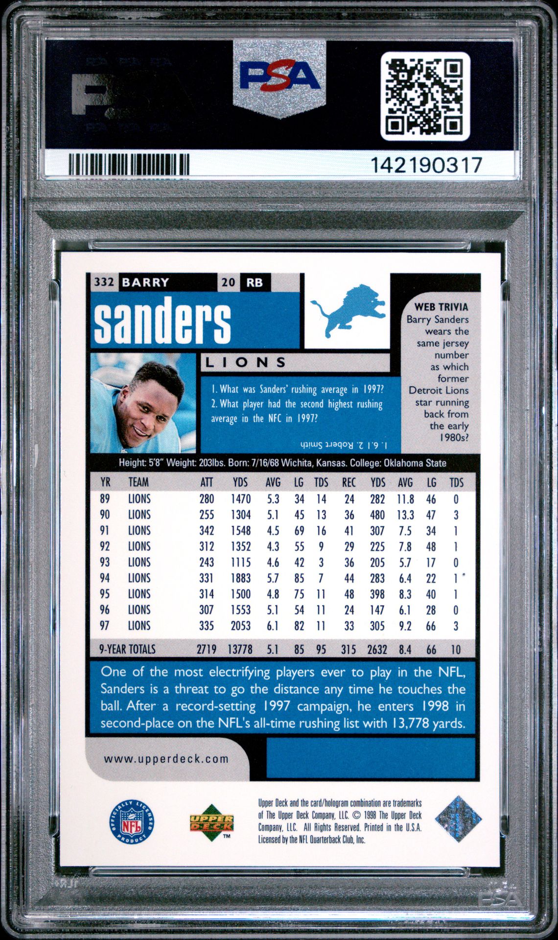 1998 Ud Choice Barry Sanders #332 (Choice Reserve) Gem Mt 10 back