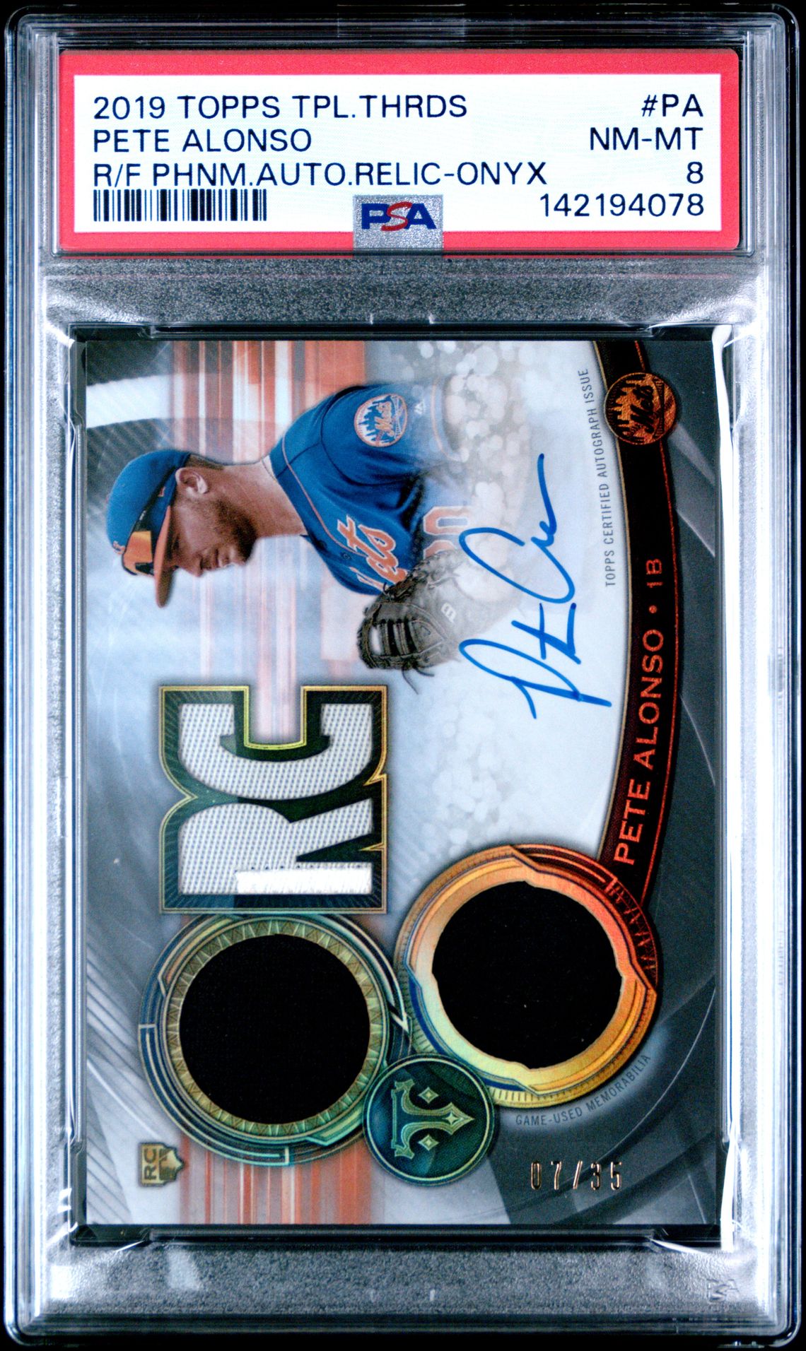2019 Topps TOPPS TRIPLE THREADS ROOKIES & FUTURE PHENOMS AUTOGRAPH RELIC R/F PHNM.AUTO.RELIC-ONYX #PA Pete Alonso front