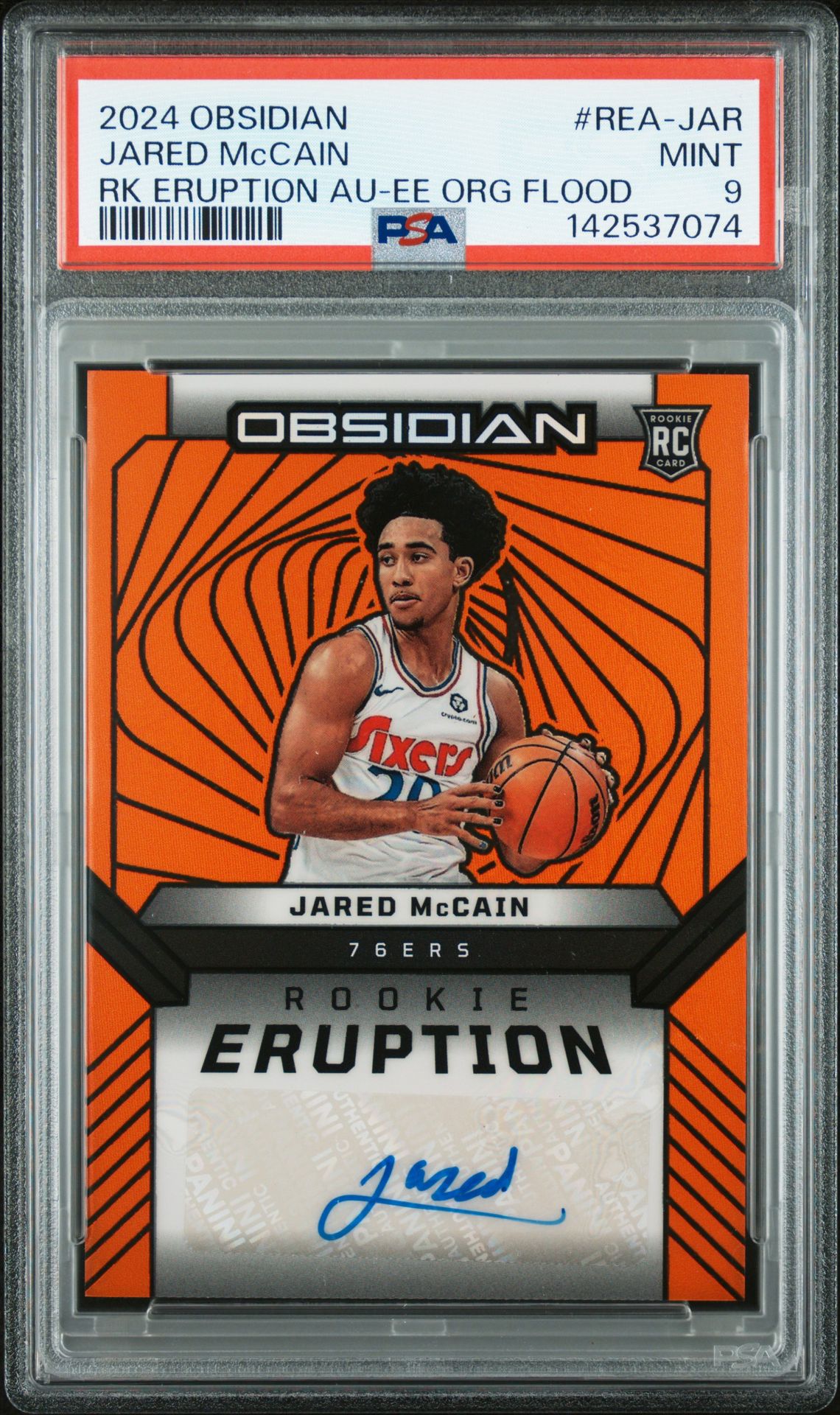 2024-25 Panini PANINI OBSIDIAN ROOKIE ERUPTION AUTOGRAPHS RK ERUPTION AU-EE ORG FLOOD #REA-JAR Jared Mccain front