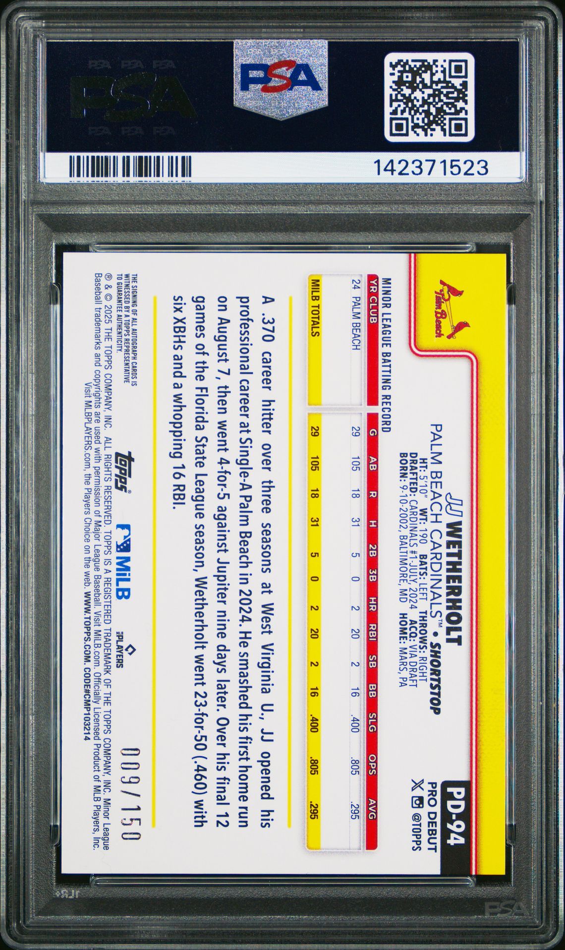 2025 Topps Pro Debut Jj Wetherholt #94 (Autograph-Blue Foil) Mint 9 back