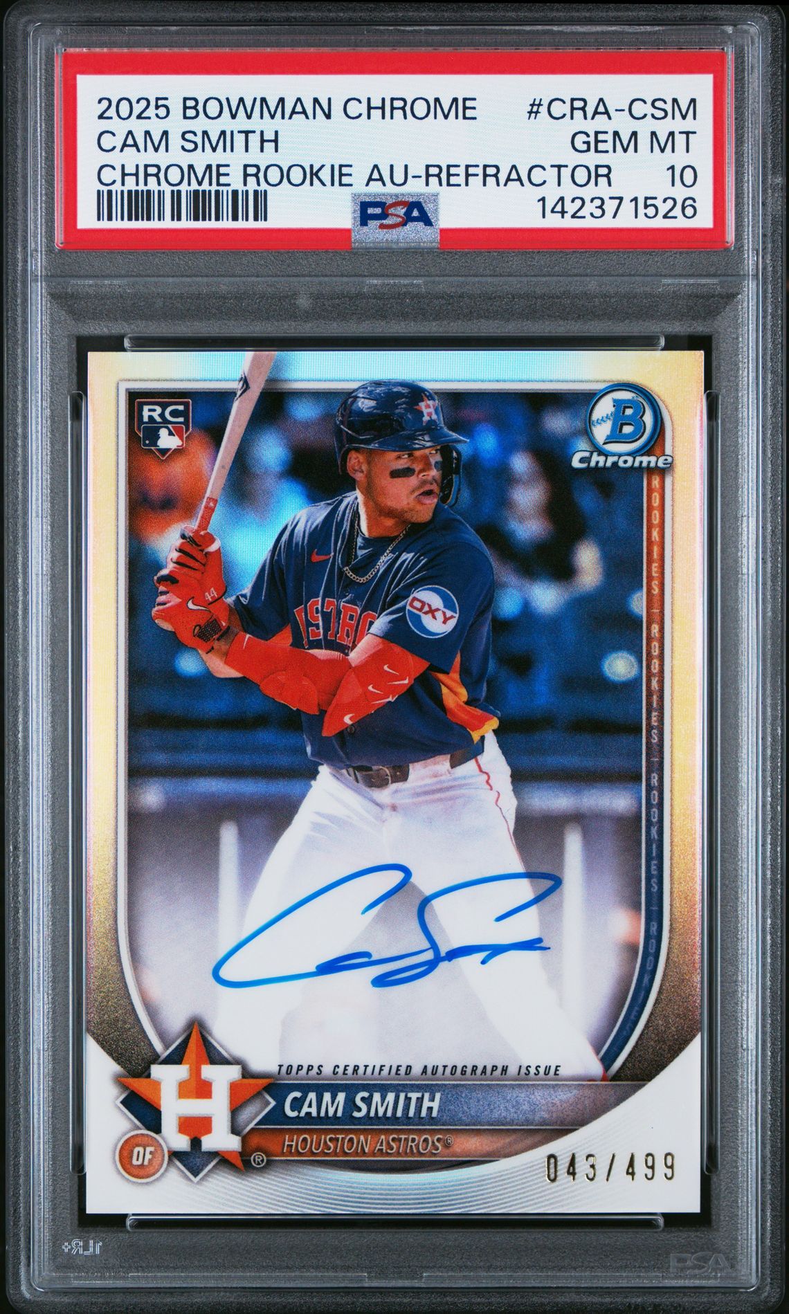 2025 Bowman Chrome Chrome Rookie Autographs Cam Smith #Cra-Csm (Chrome Rookie Au-Refractor) Gem Mt 10 front