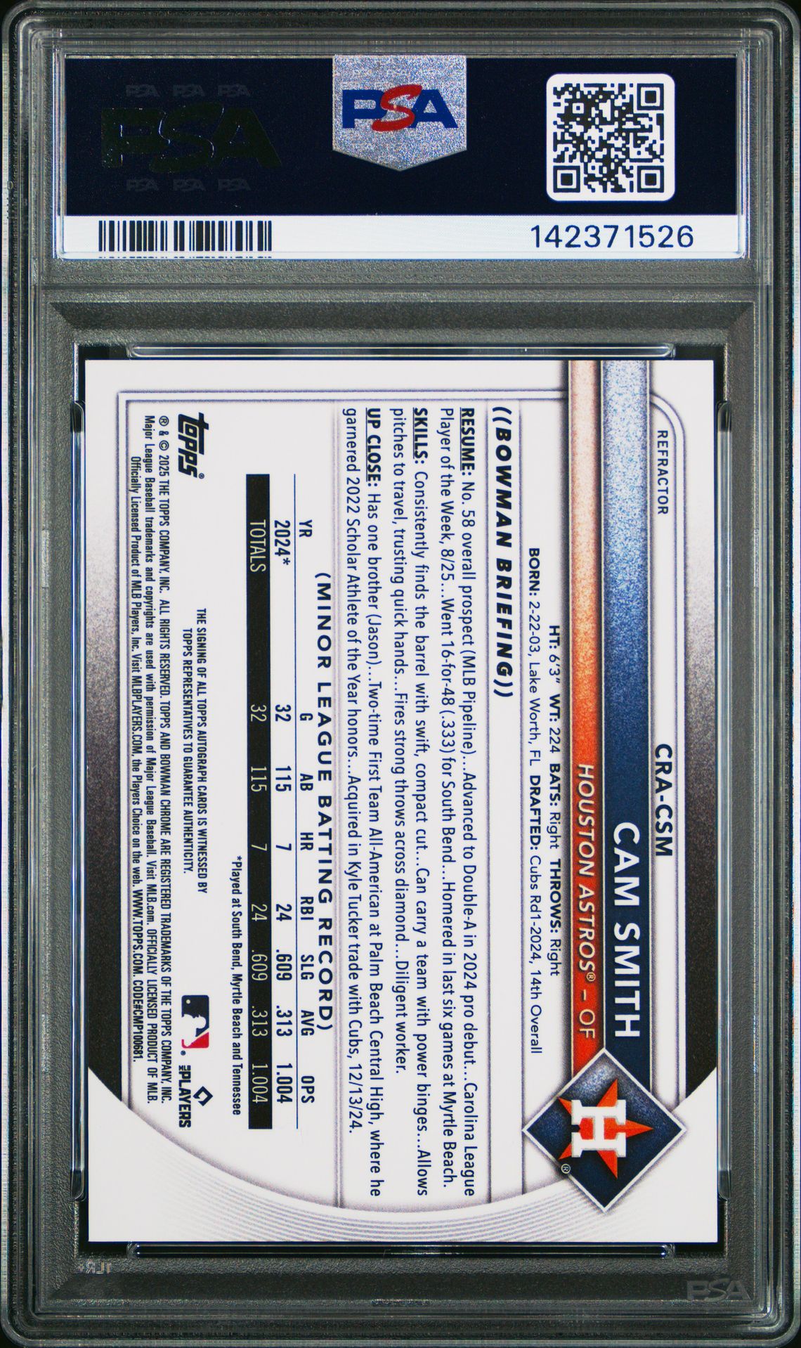 2025 Bowman Chrome Chrome Rookie Autographs Cam Smith #Cra-Csm (Chrome Rookie Au-Refractor) Gem Mt 10 back