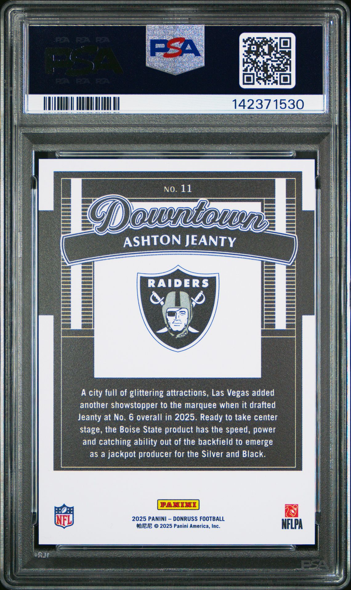 2025 Panini Donruss Downtown! Ashton Jeanty #11 Gem Mt 10 back
