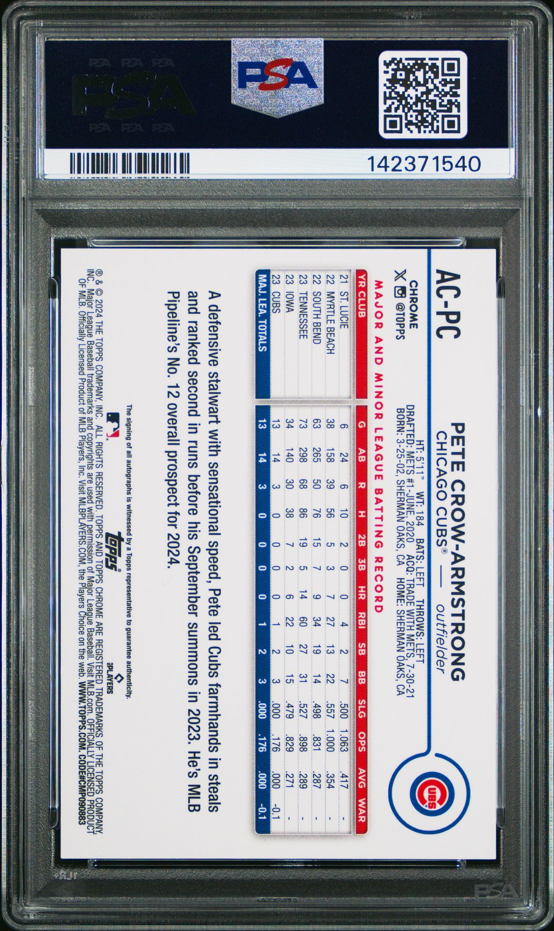 2024 Topps Chrome Update Chrome Baseball Update Series Autographs Pete Crow-Armstrong #Acpc (Autograph-Blue Refractor) Gem Mt 10 back