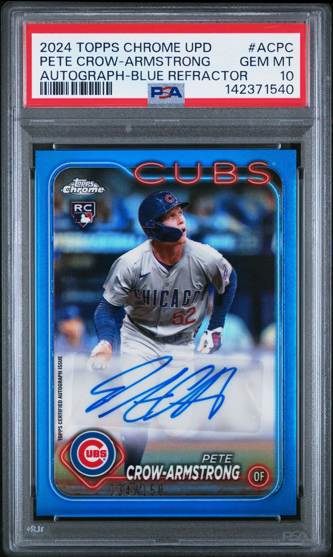 2024 Topps Chrome Update Chrome Baseball Update Series Autographs Pete Crow-Armstrong #Acpc (Autograph-Blue Refractor) Gem Mt 10 front