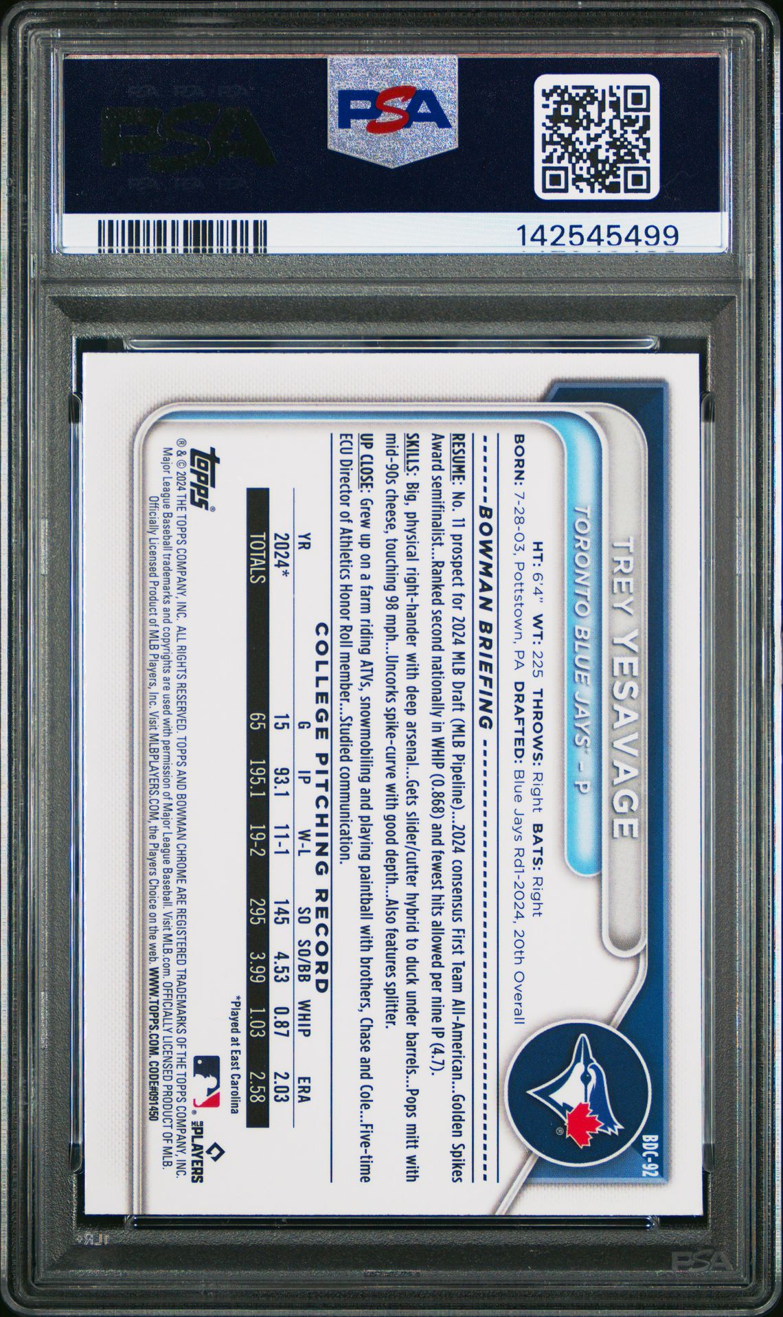 2024 Bowman Draft Sapphire Edition Trey Yesavage #Bdc92 Gem Mt 10 back