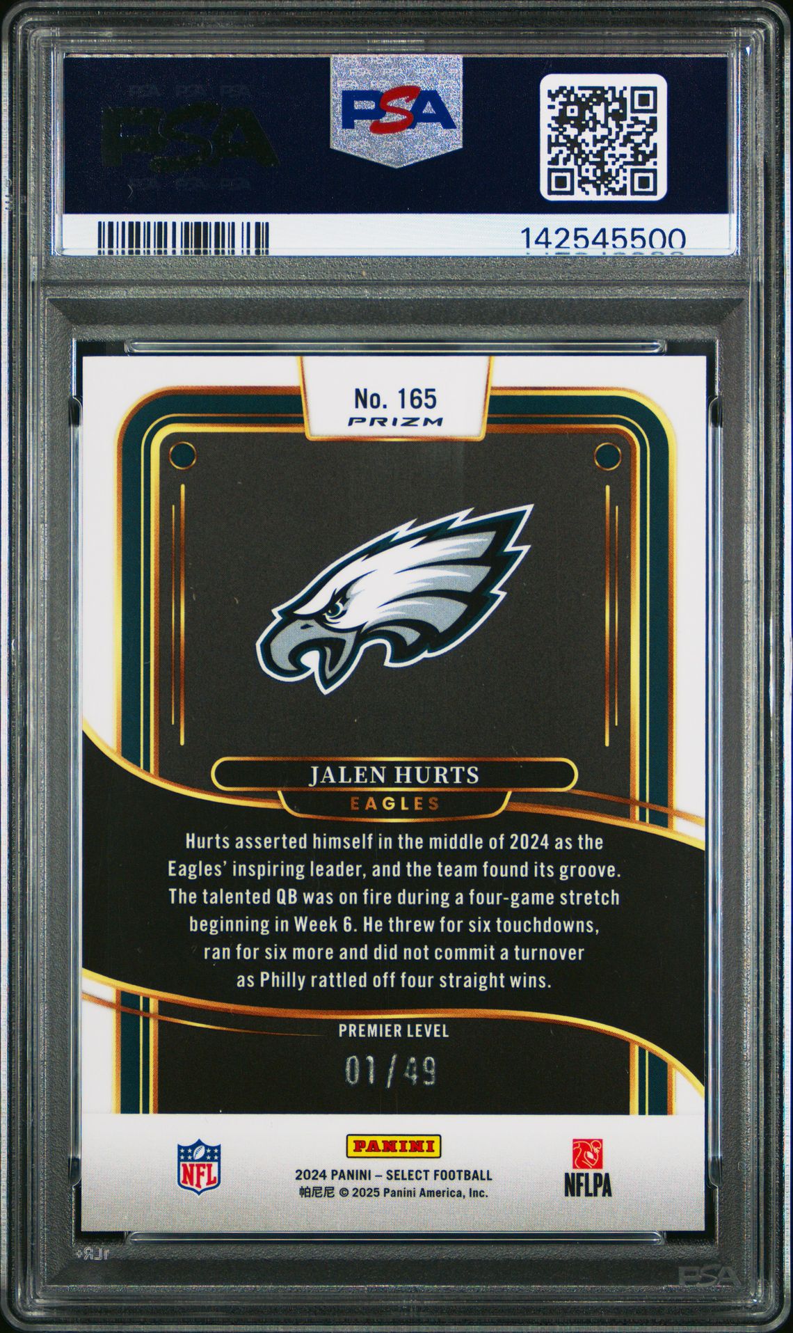 2024 Panini Select Jalen Hurts #165 (Neon Green Prizm) Gem Mt 10 back