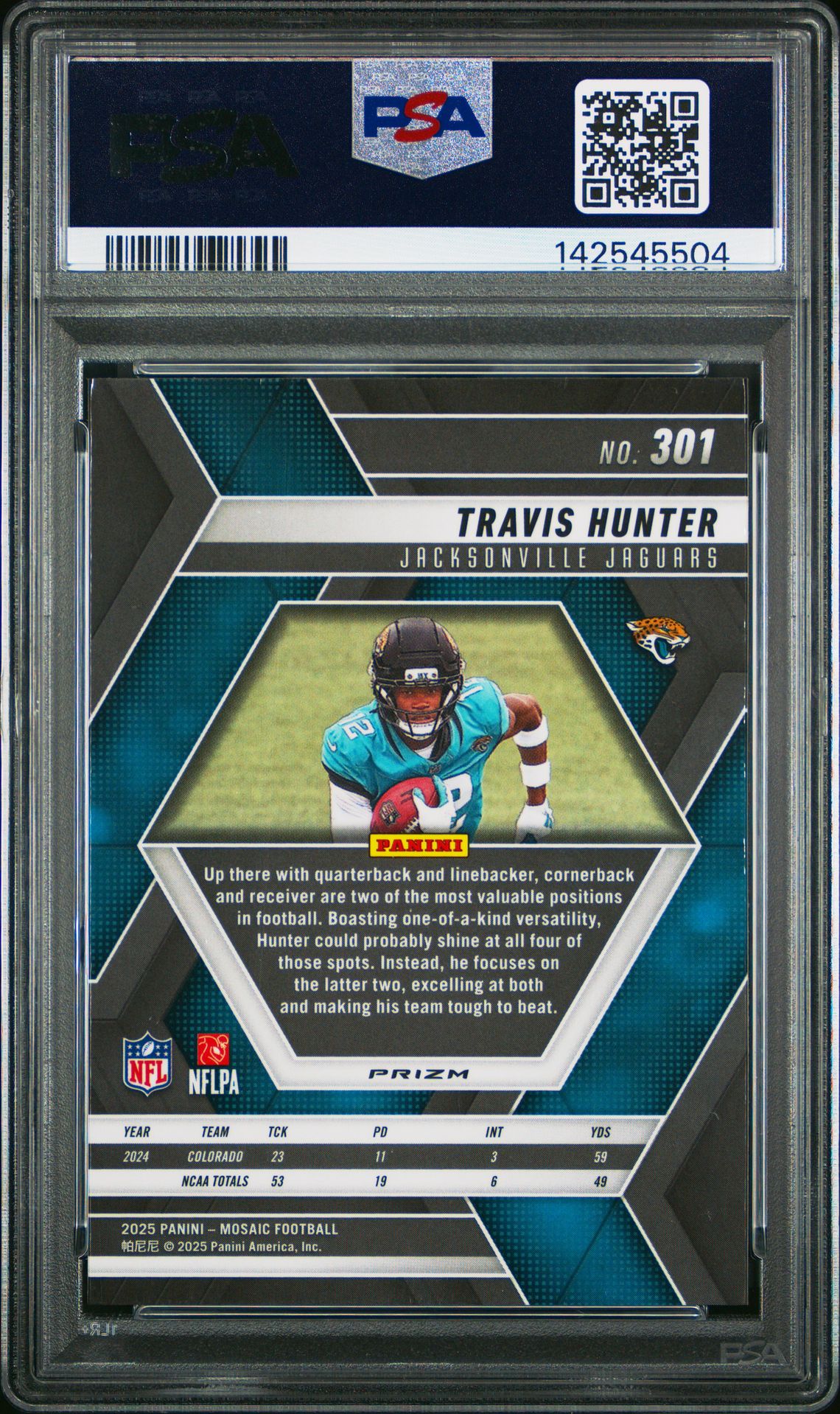 2025 Panini Mosaic Travis Hunter #301 (Genesis) Gem Mt 10 back