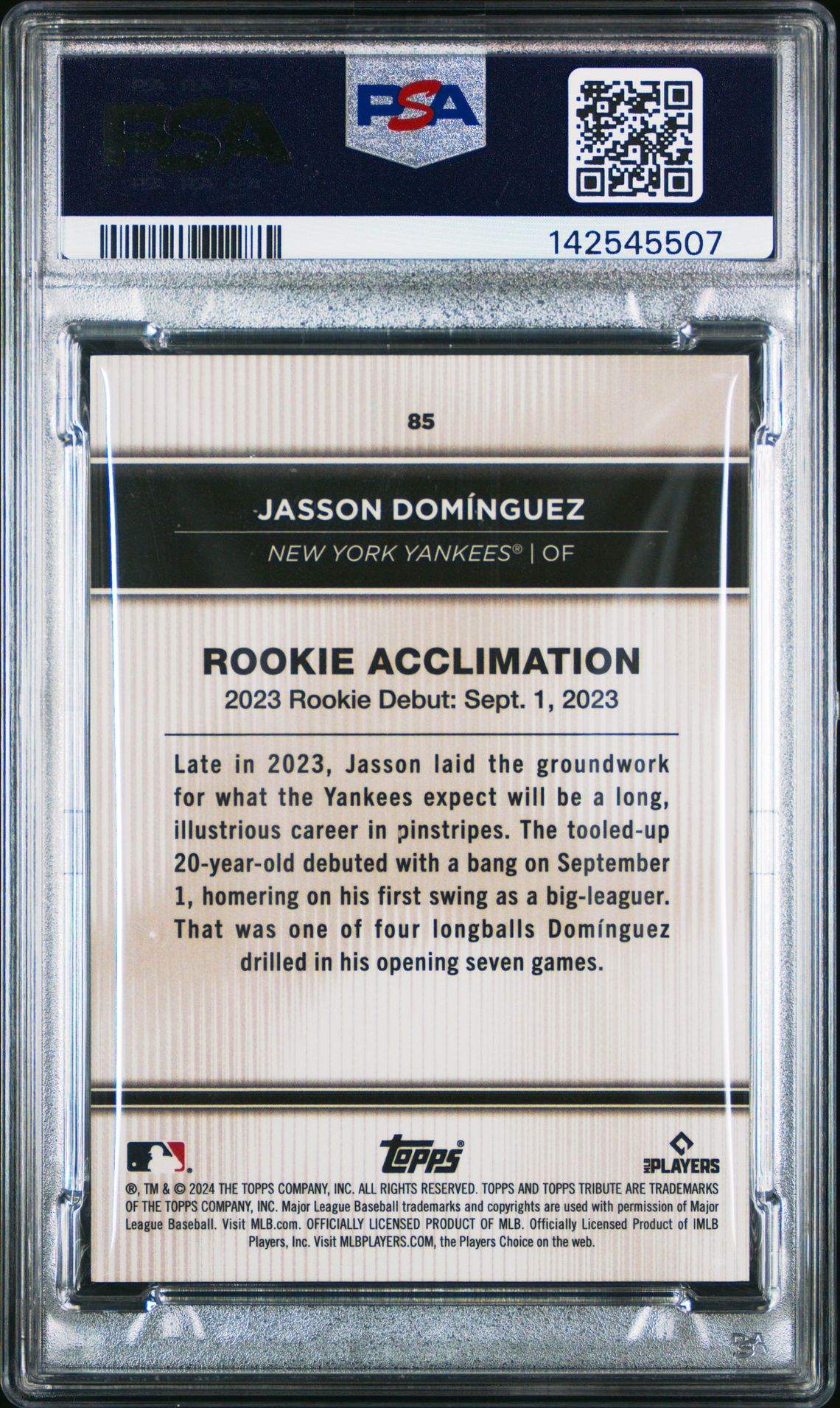 2024 Topps Tribute Jasson Dominguez #85 (Orange) Mint 9 back