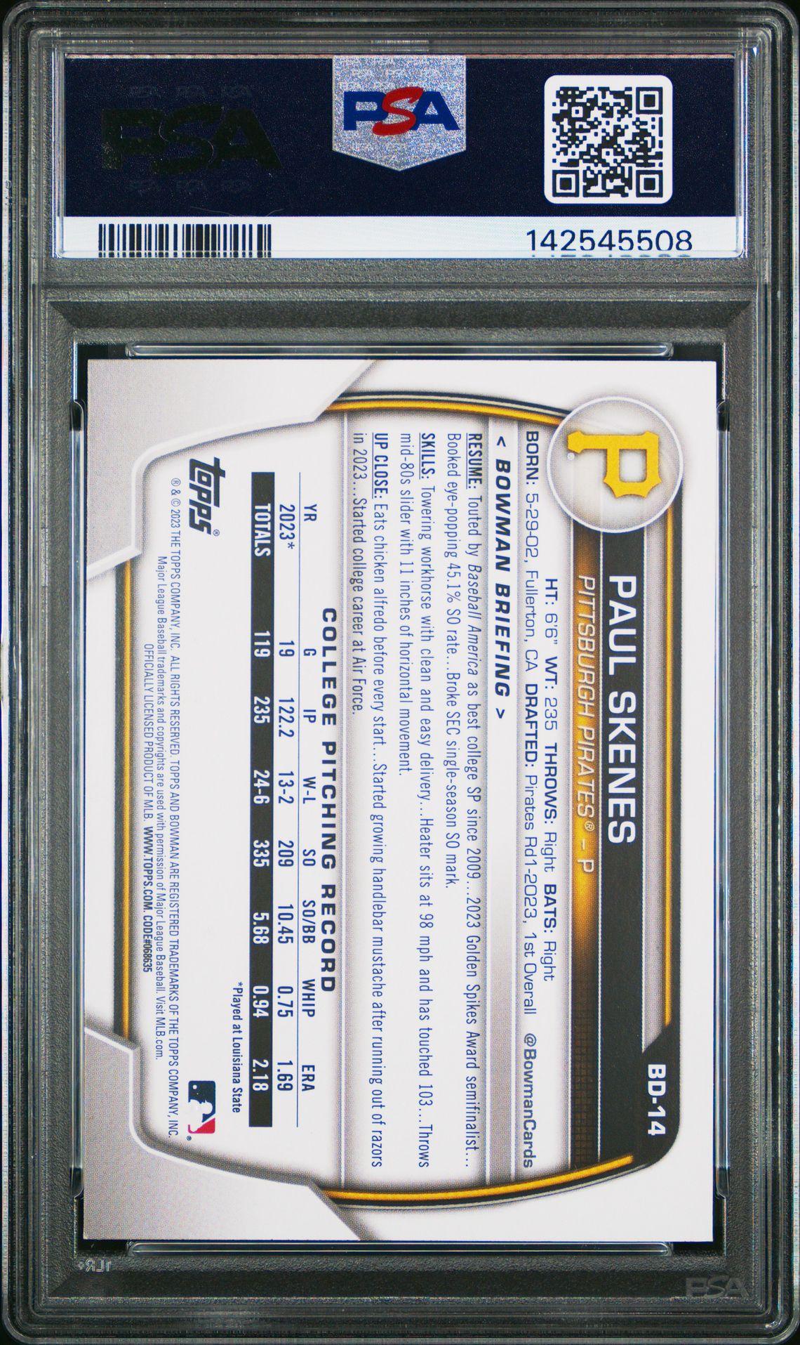 2023 Bowman Draft Paul Skenes #Bd14 Mint 9 back