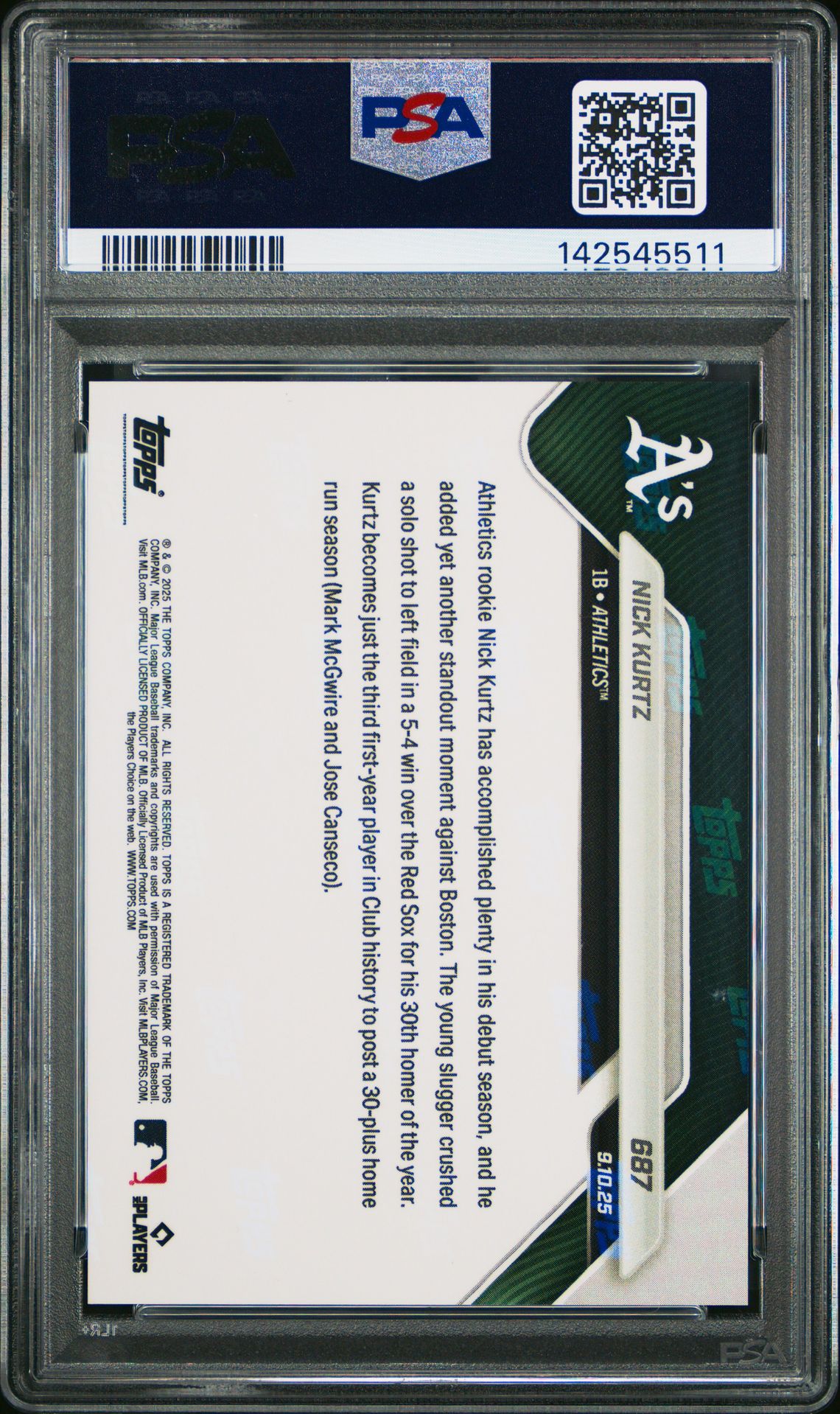 2025 Topps Now Nick Kurtz #687 Gem Mt 10 back