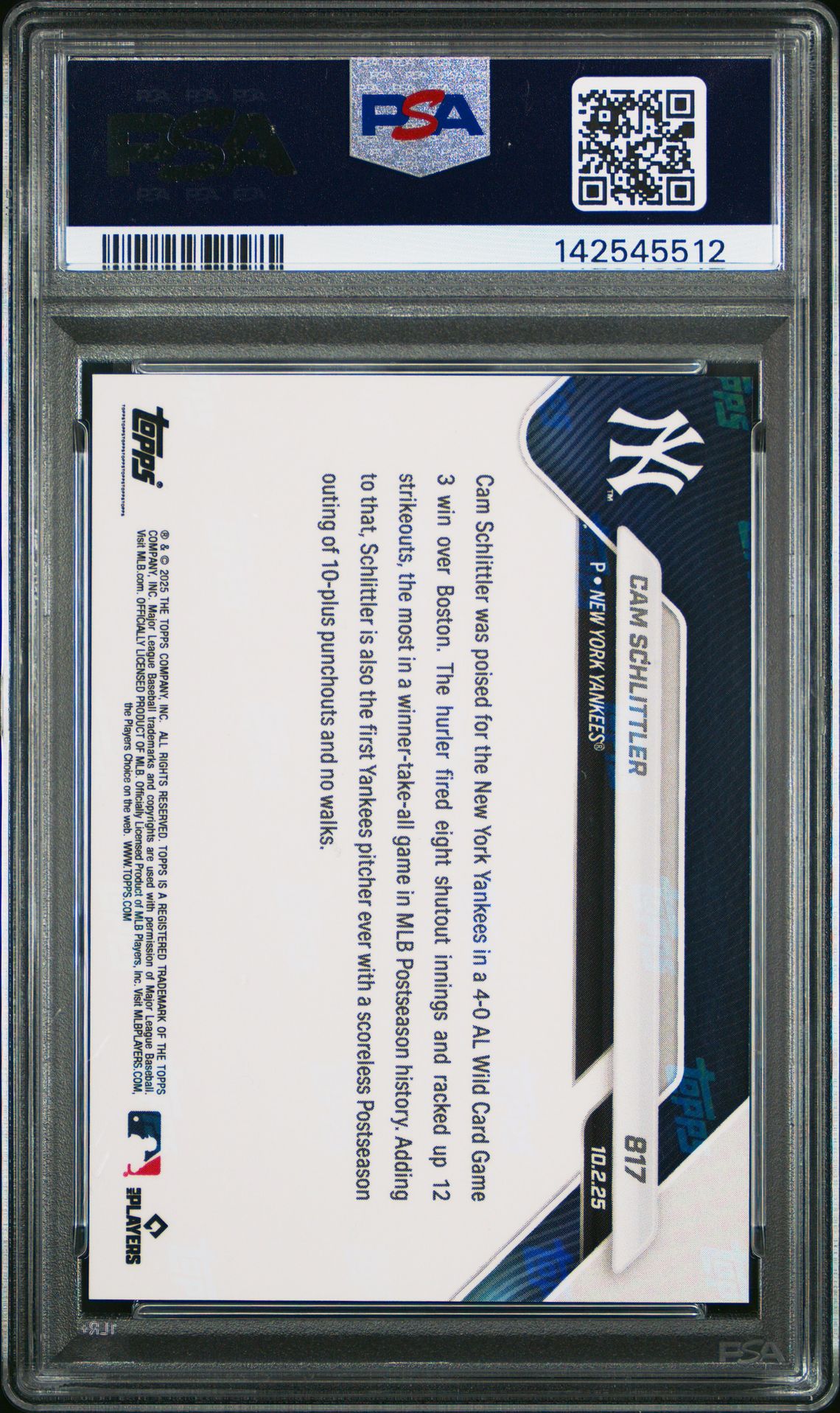 2025 Topps Now Cam Schlittler #817 Gem Mt 10 back