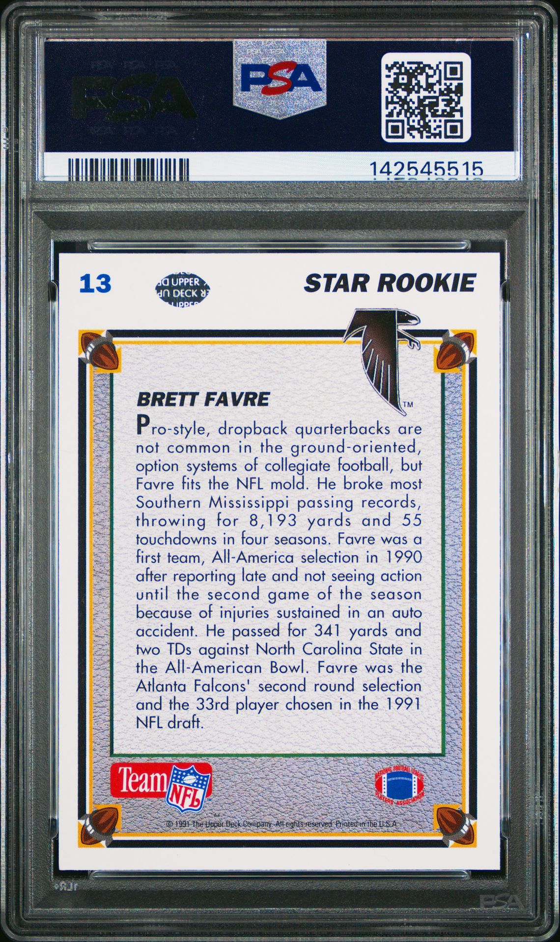 1991 Upper Deck Brett Favre #13 Mint 9 back