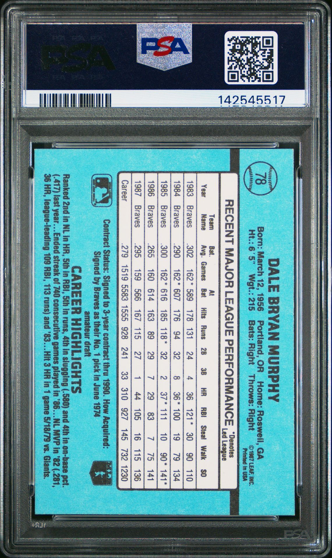 1988 Donruss Dale Murphy #78 Mint 9 back