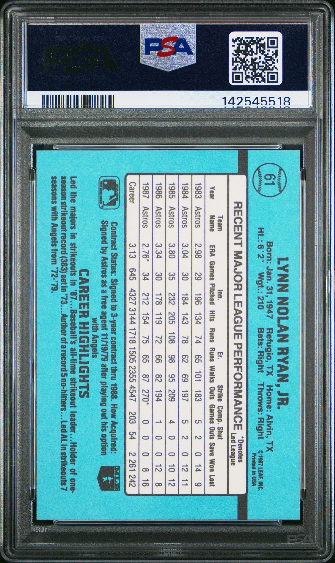 1988 Donruss Nolan Ryan #61 Nm-Mt 8 back