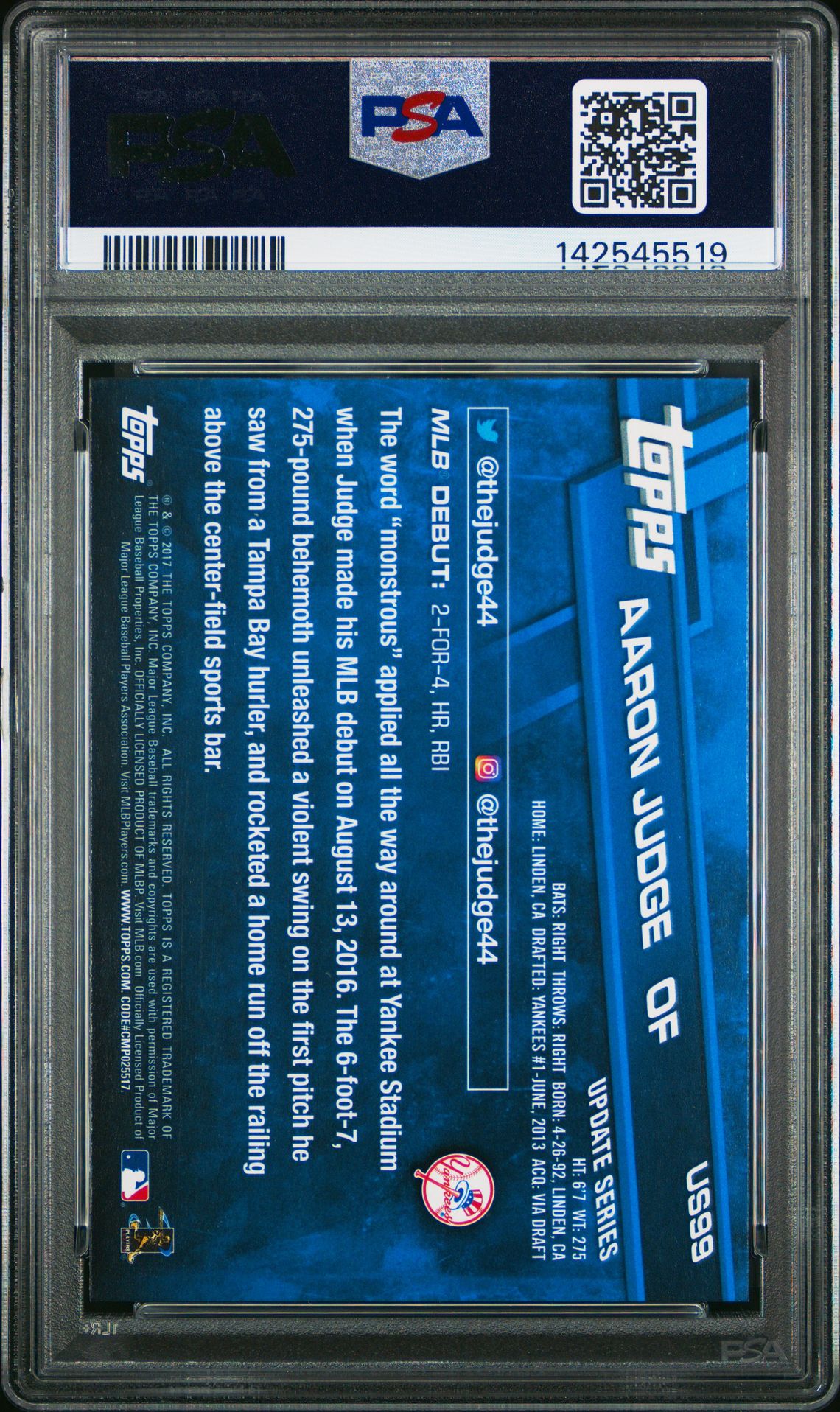 2017 Topps Update Aaron Judge #Us99 (Rookie Debut) Mint 9 back